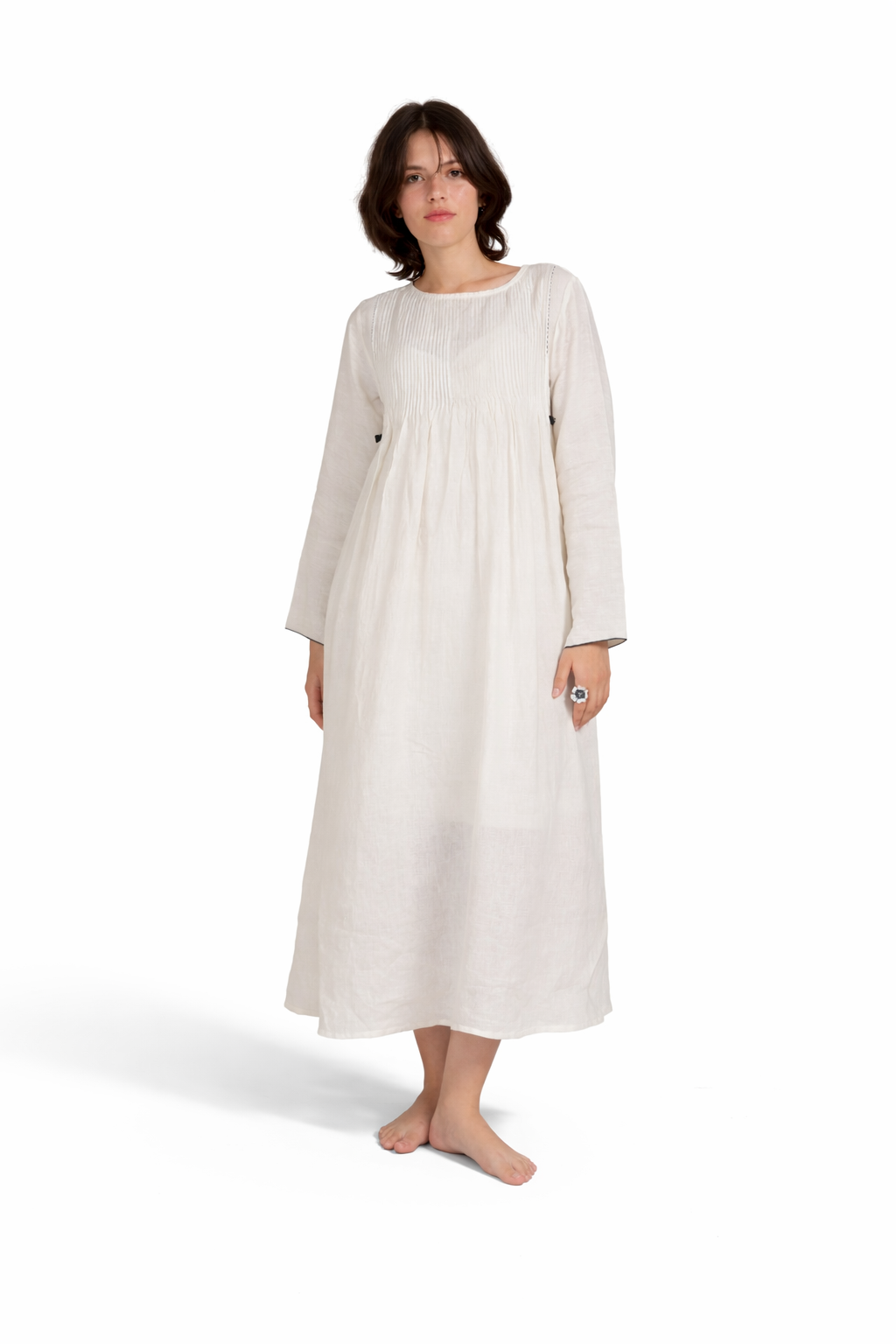 Artisav Rupa handwoven linen pintuck maxi dress in natural ivory with hand stitch detailing