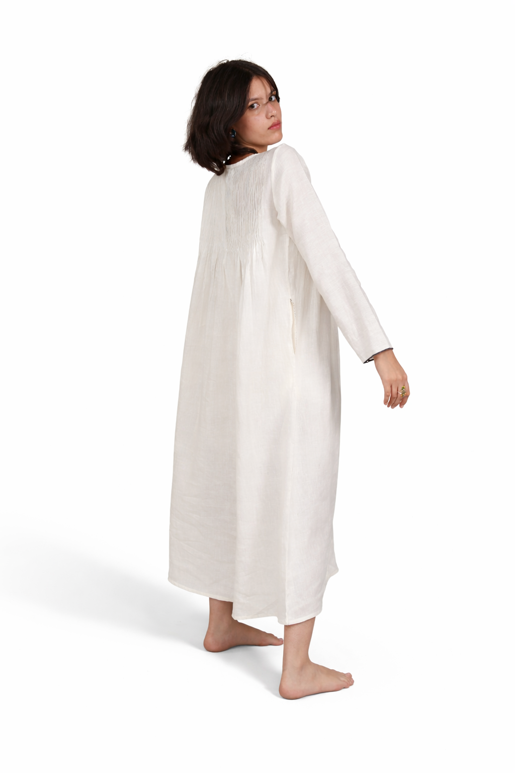 Artisav Rupa handwoven linen pintuck maxi dress in natural ivory with hand stitch detailing