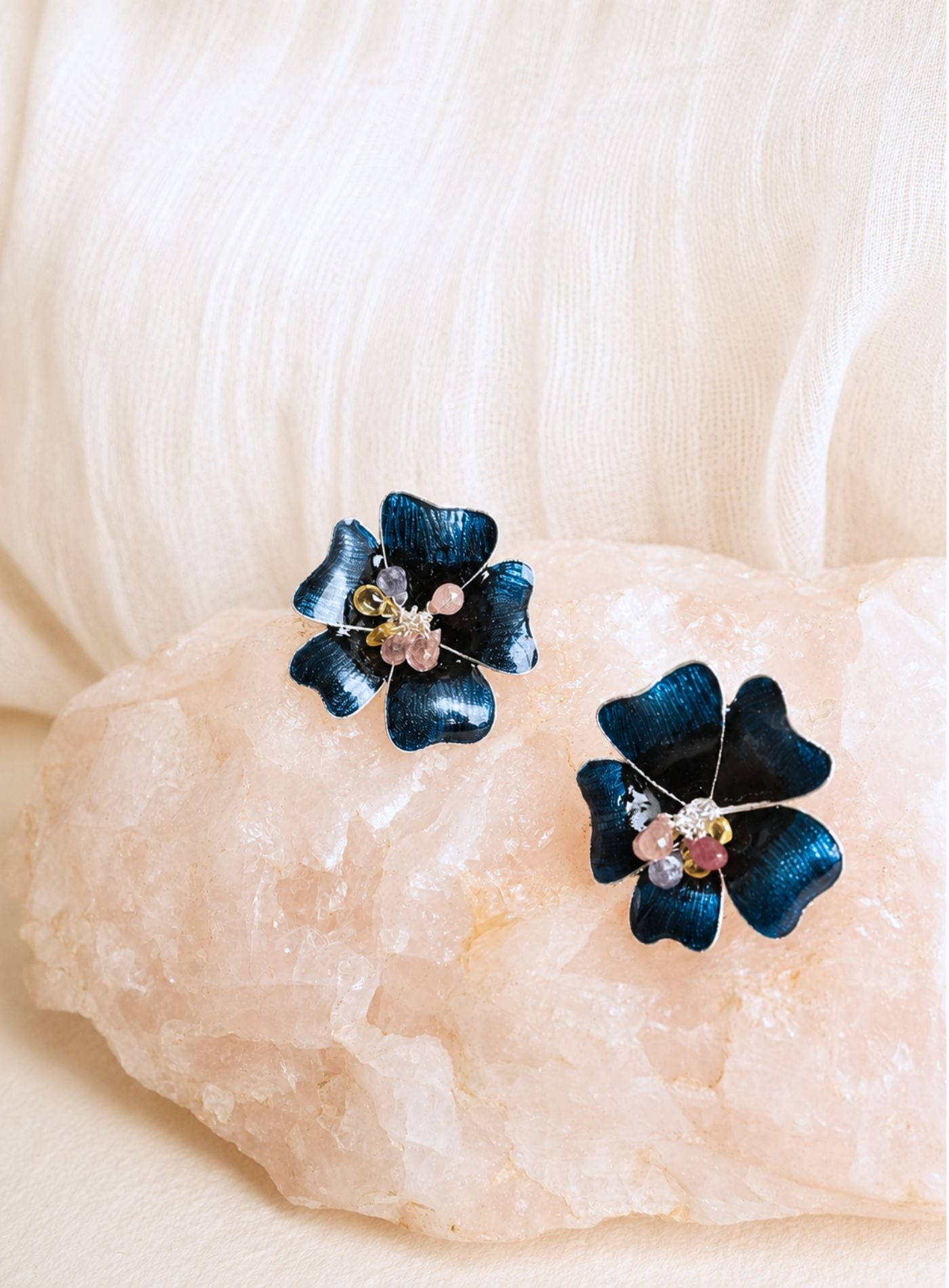 Artisav Handmade Silver Flower Stud Earrings with Multi Stone Detailing for Women