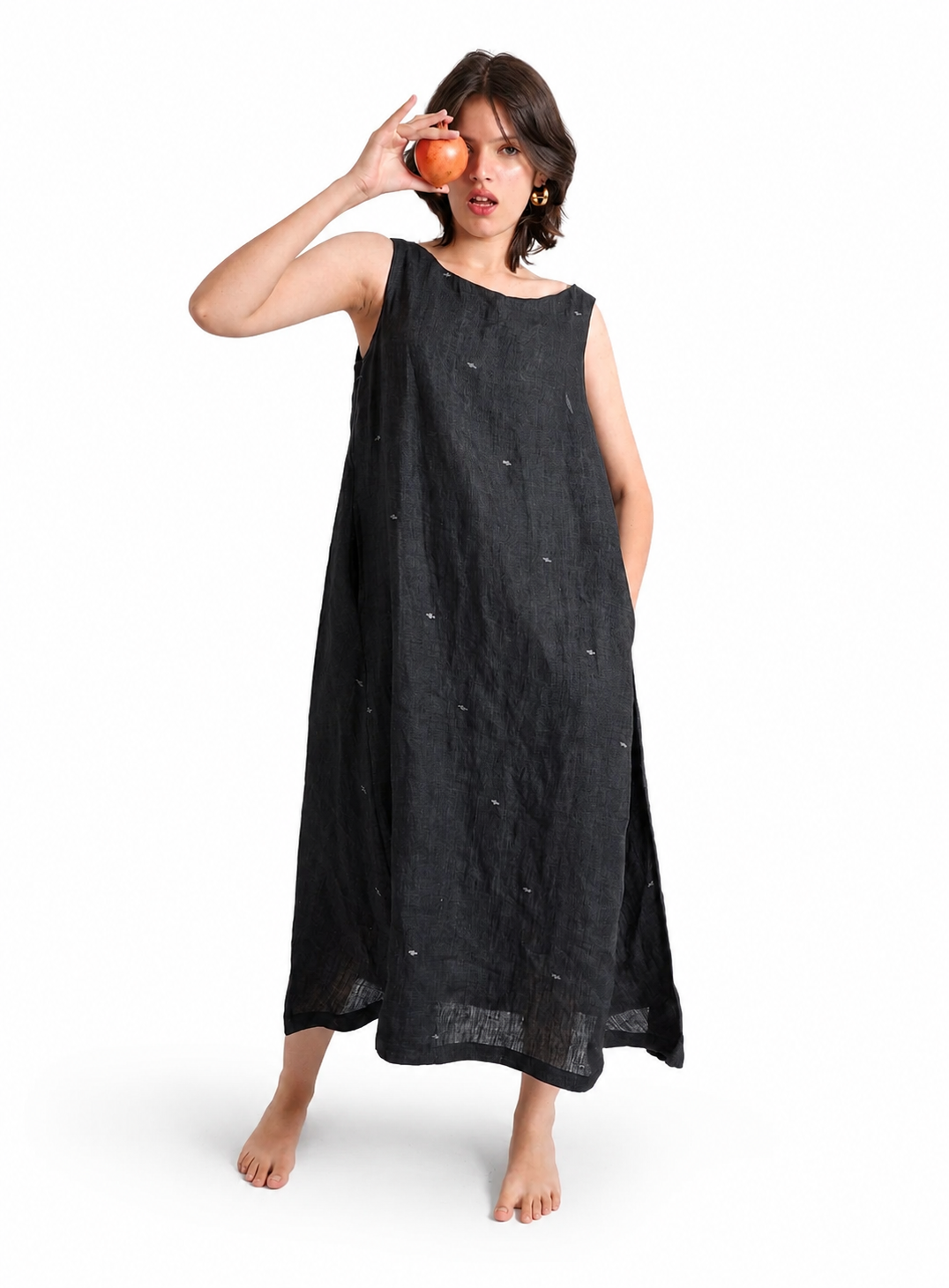 Artisav Chika Handwoven Linen Jamdani Long Dress for Women, Black Relaxed Fit Dress