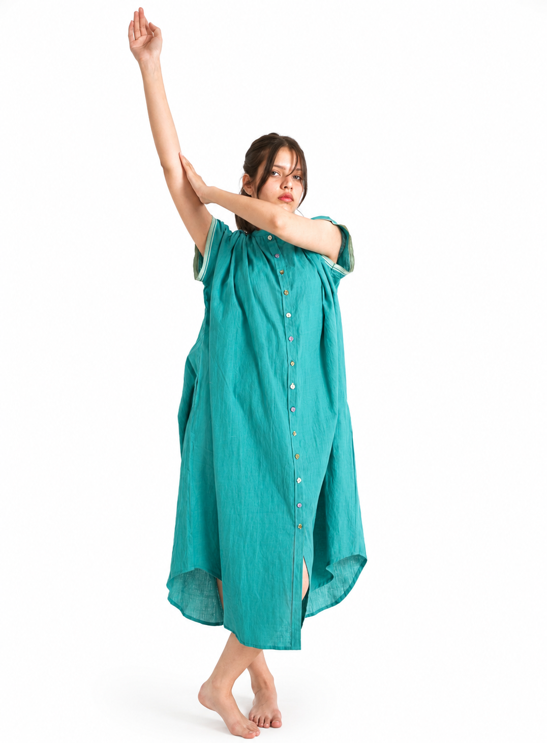 Artisav Mathilde Handwoven Cotton Midi Dress for Women, Handmade Button Detail Dress