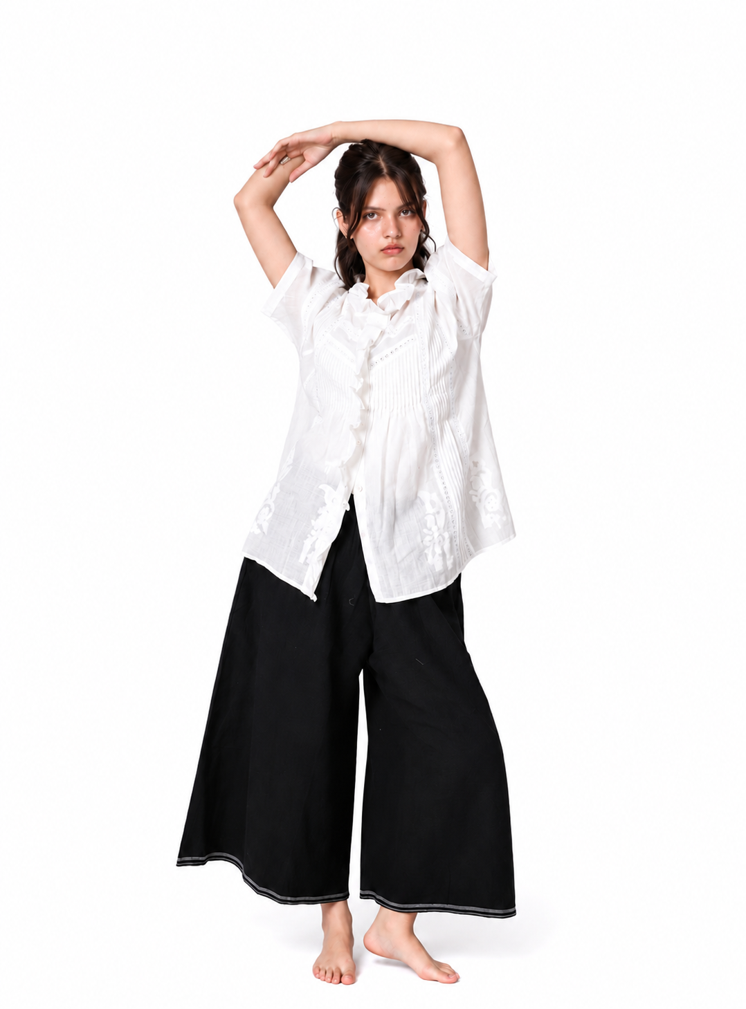 Rio Blouse in White Handwoven Linen with Ruffle Collar