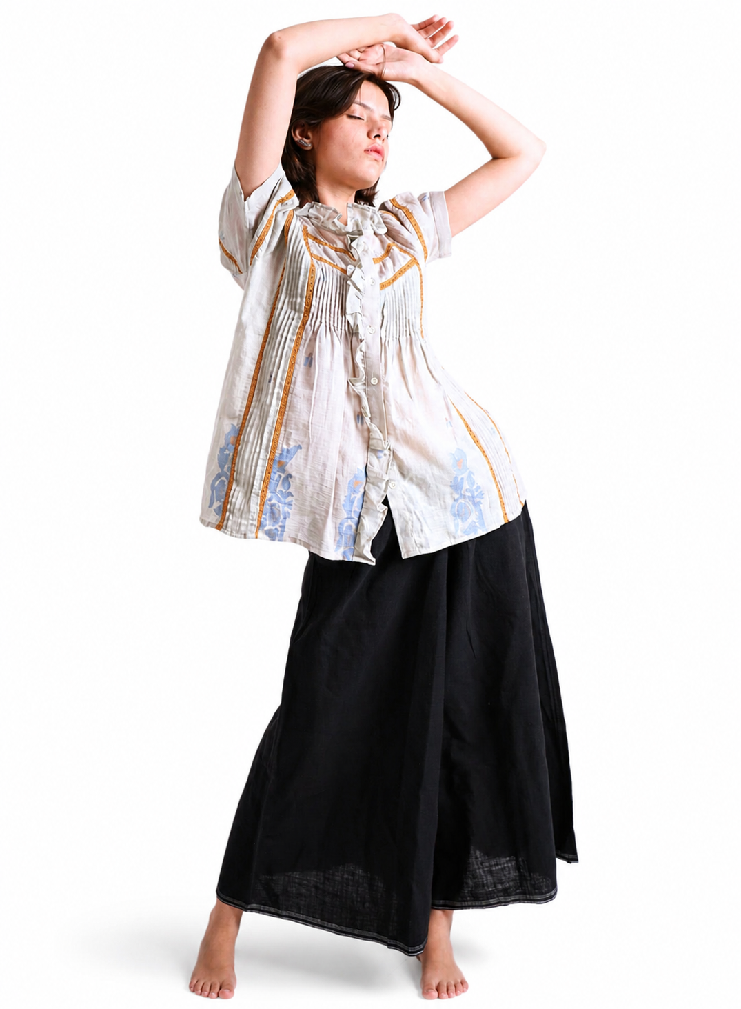 Artisav Kate Handwoven Jamdani Cotton Blouse for Women, Pintuck Ruffle Top