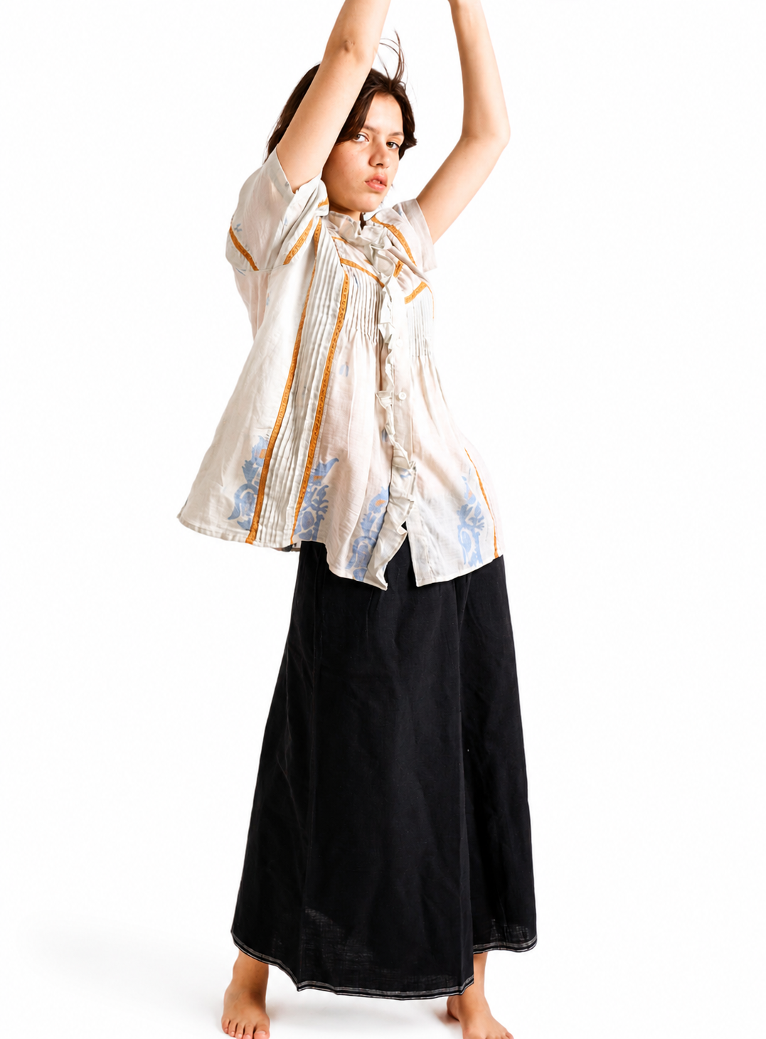 Artisav Kate Handwoven Jamdani Cotton Blouse for Women, Pintuck Ruffle Top