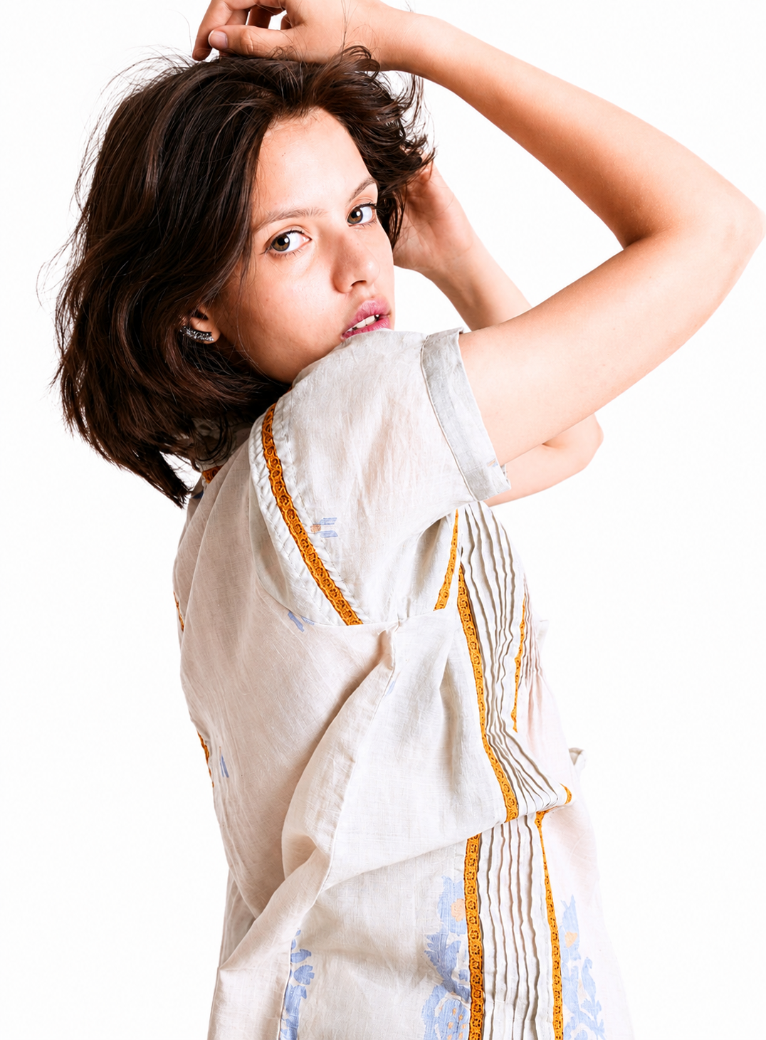 Artisav Kate Handwoven Jamdani Cotton Blouse for Women, Pintuck Ruffle Top