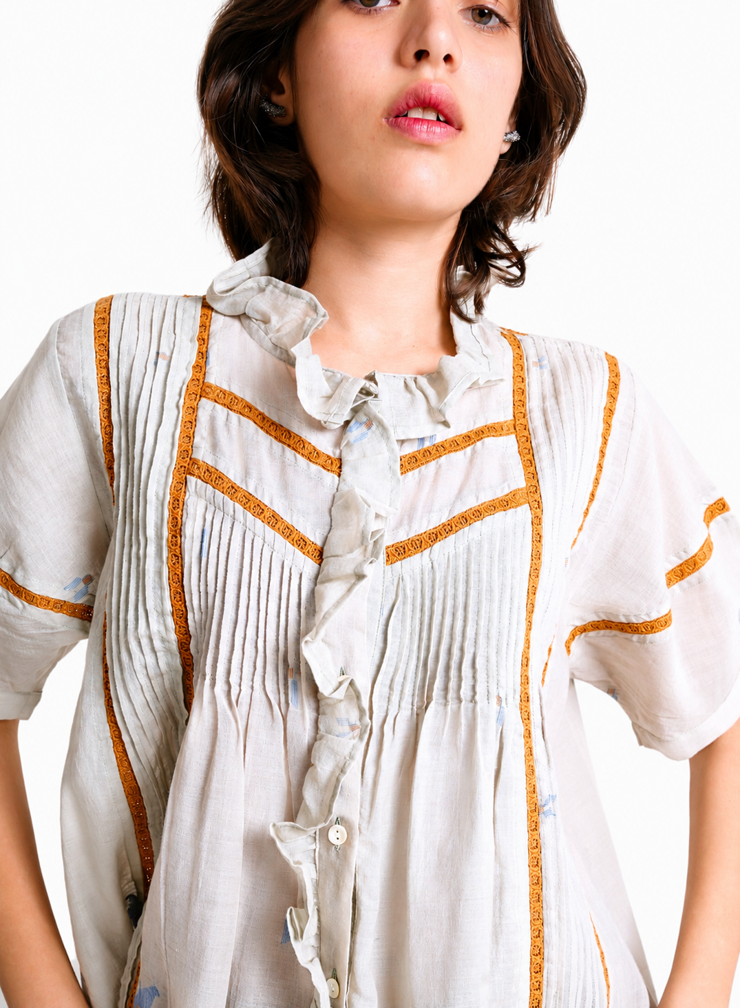 Artisav Kate Handwoven Jamdani Cotton Blouse for Women, Pintuck Ruffle Top