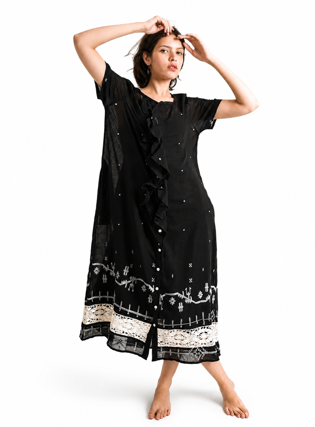 Artisav Misa Handwoven Jamdani Cotton Dress for Women Black Artisan Midi Dress