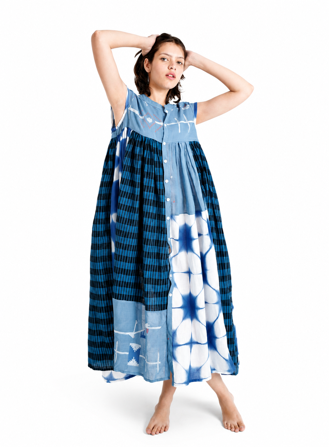 Artisav handwoven cotton indigo patchwork maxi dress with Shibori print and check panel detailing