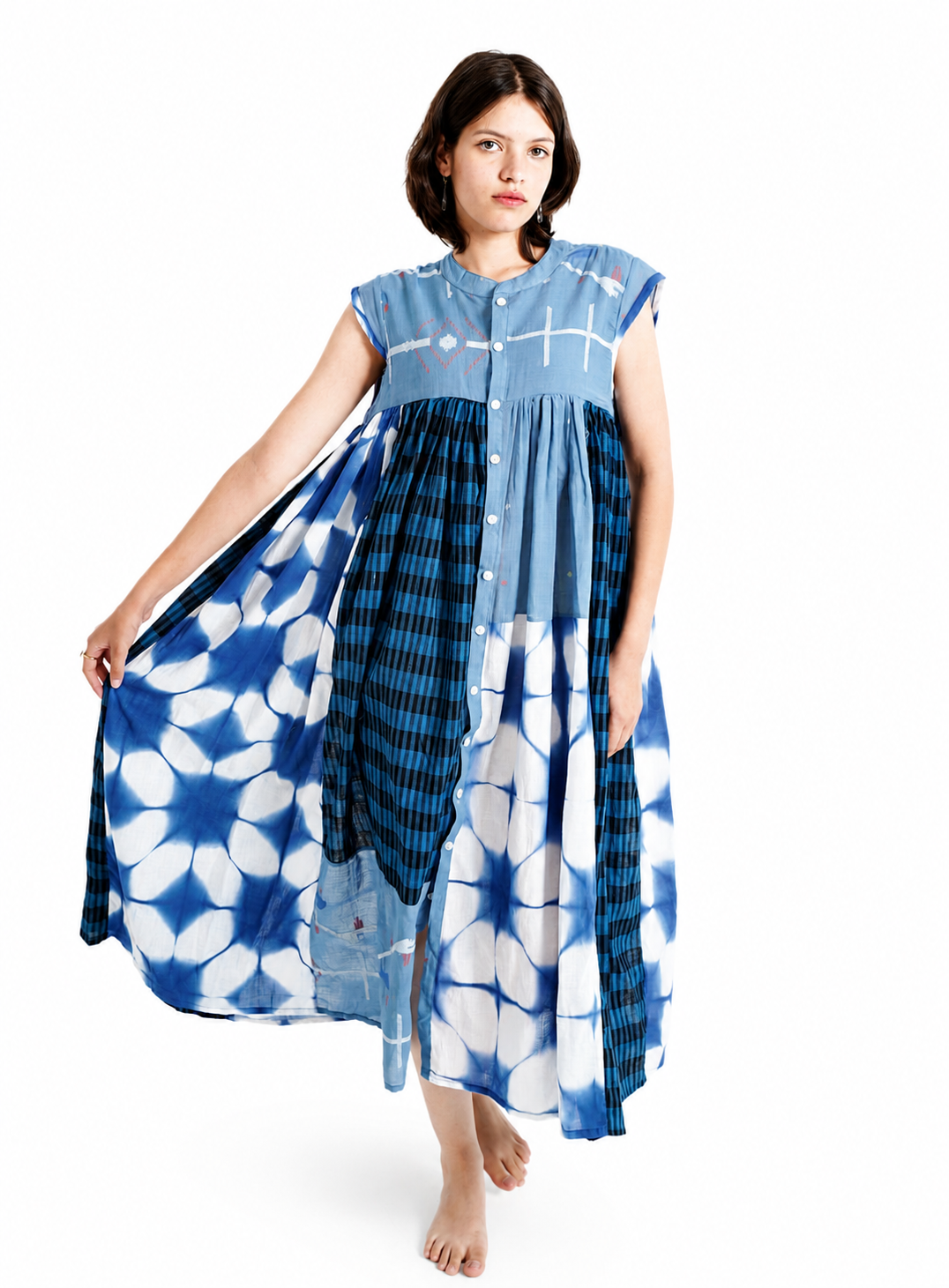 Artisav handwoven cotton indigo patchwork maxi dress with Shibori print and check panel detailing