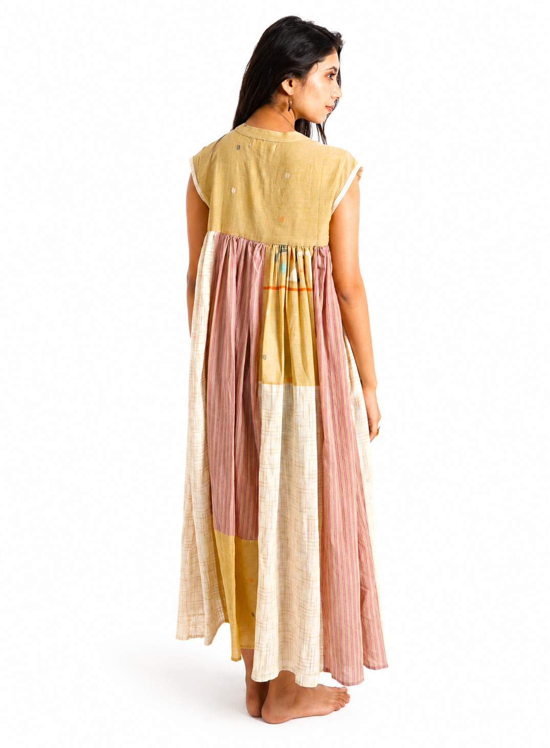 Artisav handwoven cotton patchwork maxi dress with striped panels and artisan woven motifs