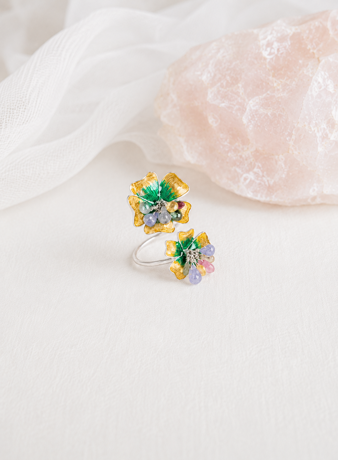 Artisav Handmade Silver Flower Ring with Multi Stone Detailing, Adjustable Floral Ring