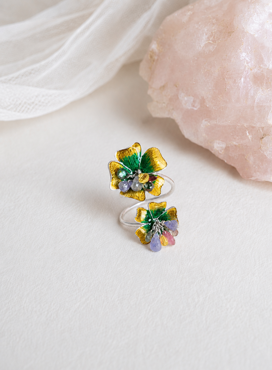 Artisav Handmade Silver Flower Ring with Multi Stone Detailing, Adjustable Floral Ring