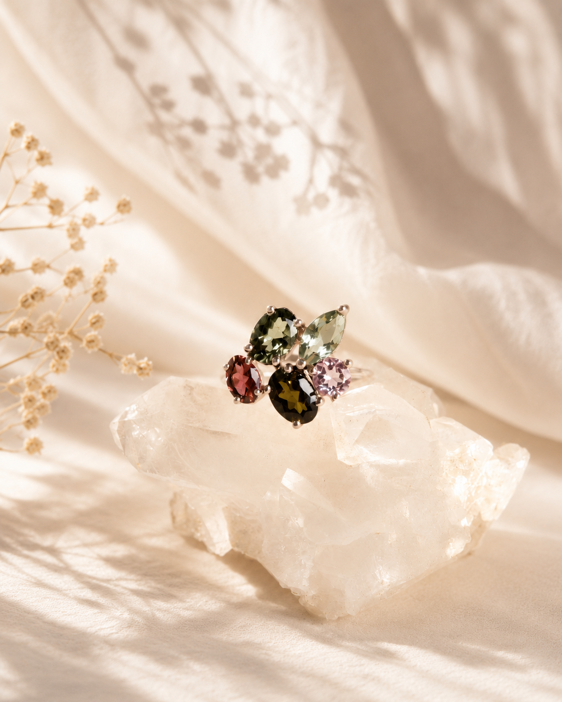 Silver 925 GP Multi Color Tourmaline Floral Ring
