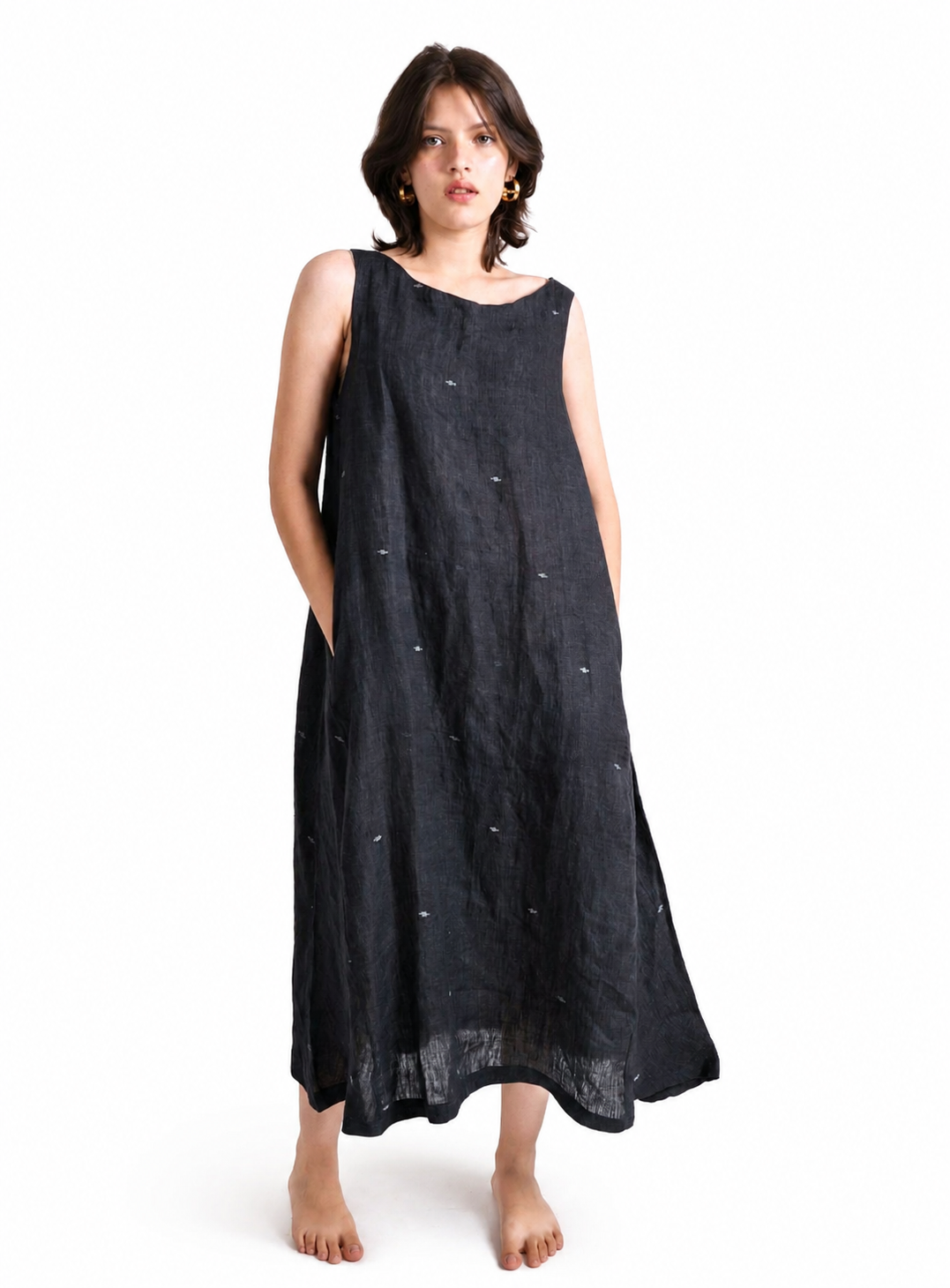 Artisav Chika Handwoven Linen Jamdani Long Dress for Women, Black Relaxed Fit Dress