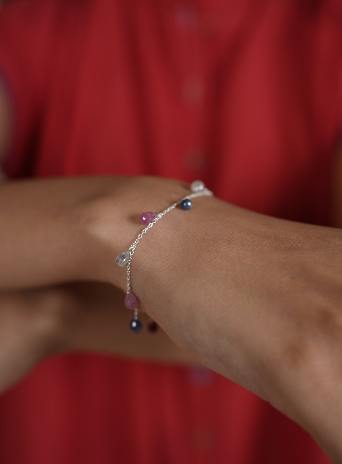 Multi Color Sapphire Chain Bracelet in Silver