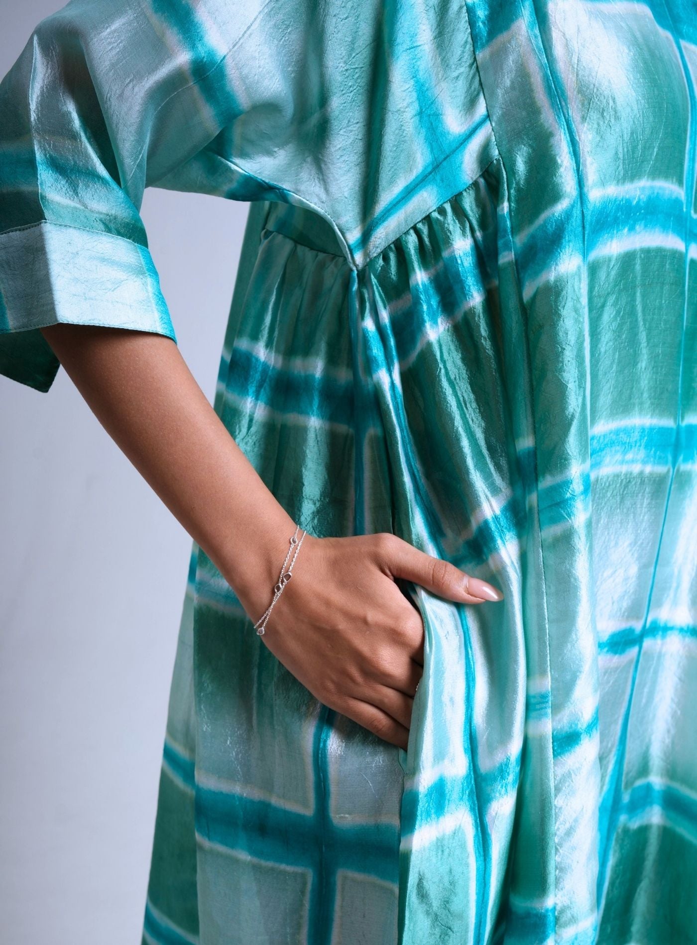 Artisav Kaoru Pure Mulberry Silk Clamp Dye Midi Dress for Women in Aqua Green Relaxed Fit Style.