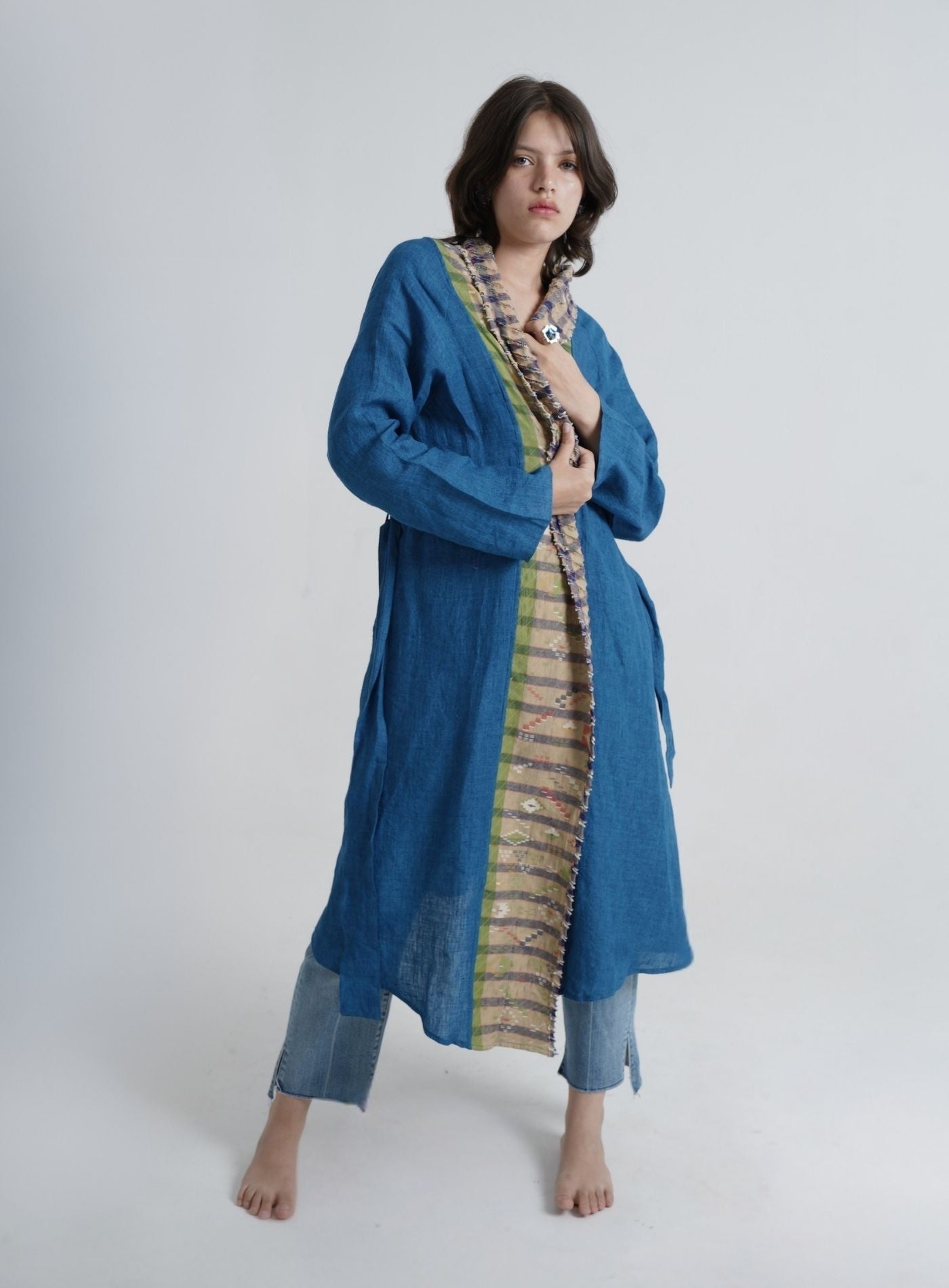 Artisav Haori Slash handwoven linen jacket with quilted Jamdani collar and relaxed fit silhouette