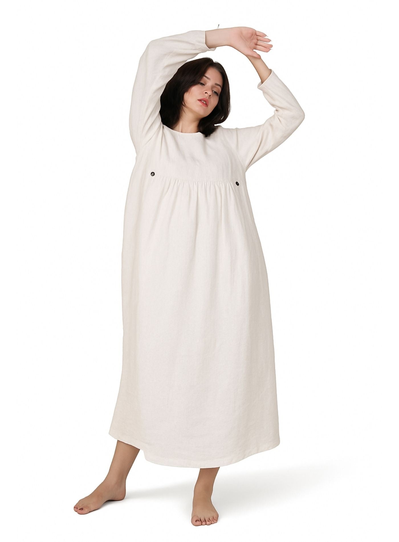 Artisav Rupa handwoven linen pintuck maxi dress in natural ivory with hand stitch detailing