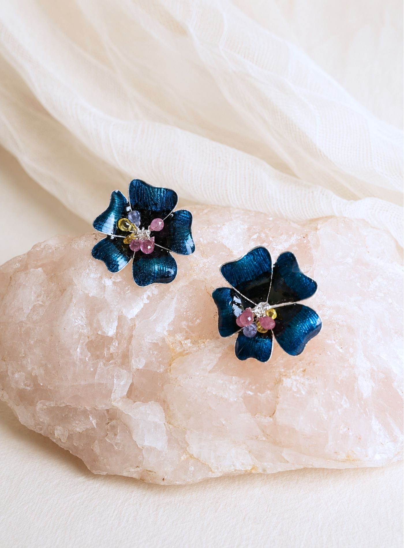 Artisav Handmade Silver Flower Stud Earrings with Multi Stone Detailing for Women
