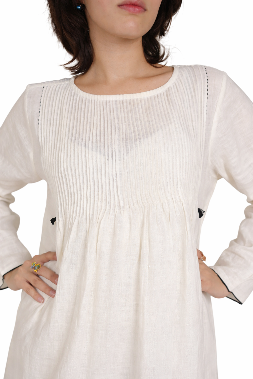 Artisav Rupa handwoven linen pintuck maxi dress in natural ivory with hand stitch detailing