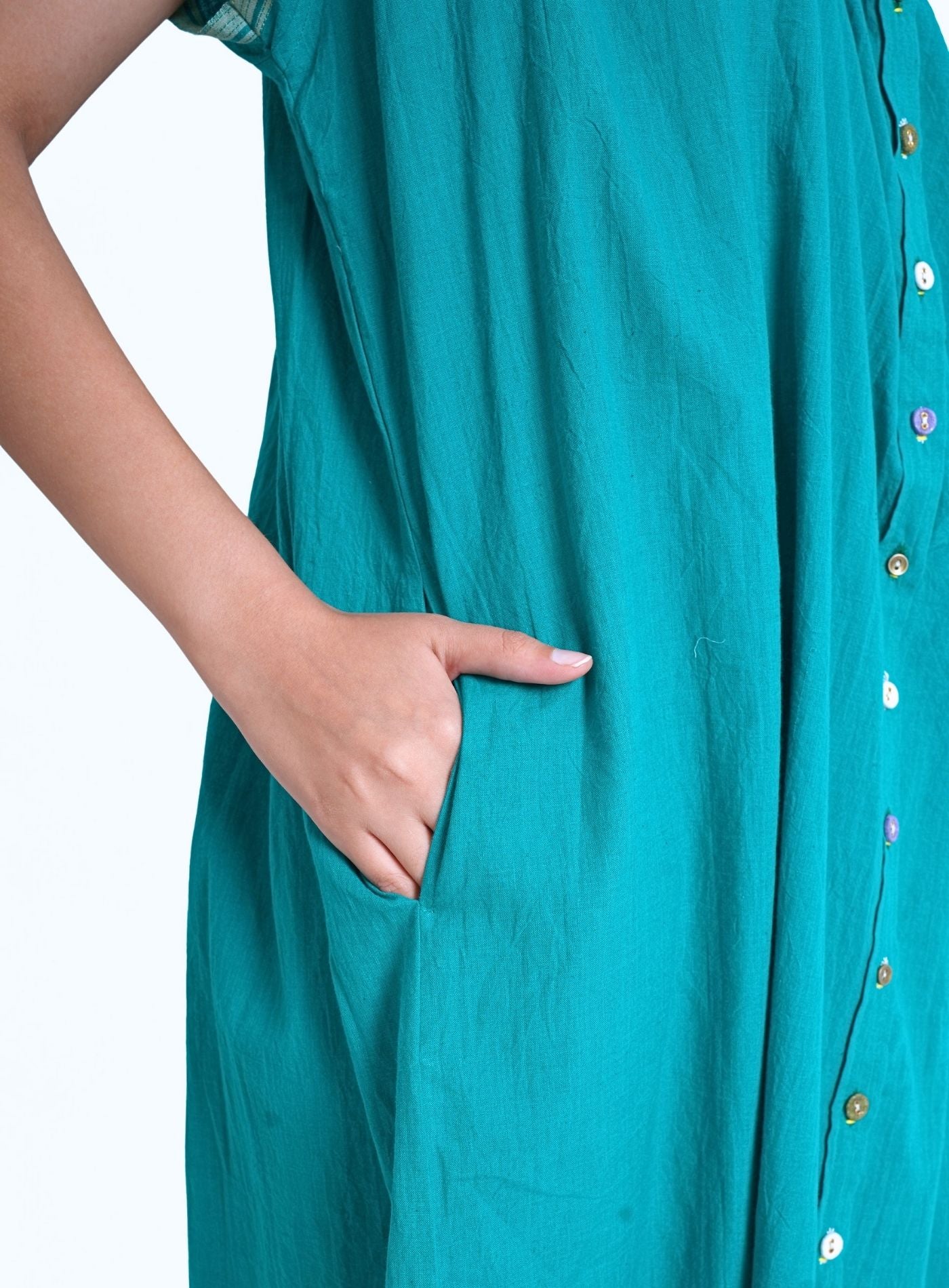 Artisav Mathilde handwoven cotton midi dress in turquoise blue with handmade button detailing and relaxed fit