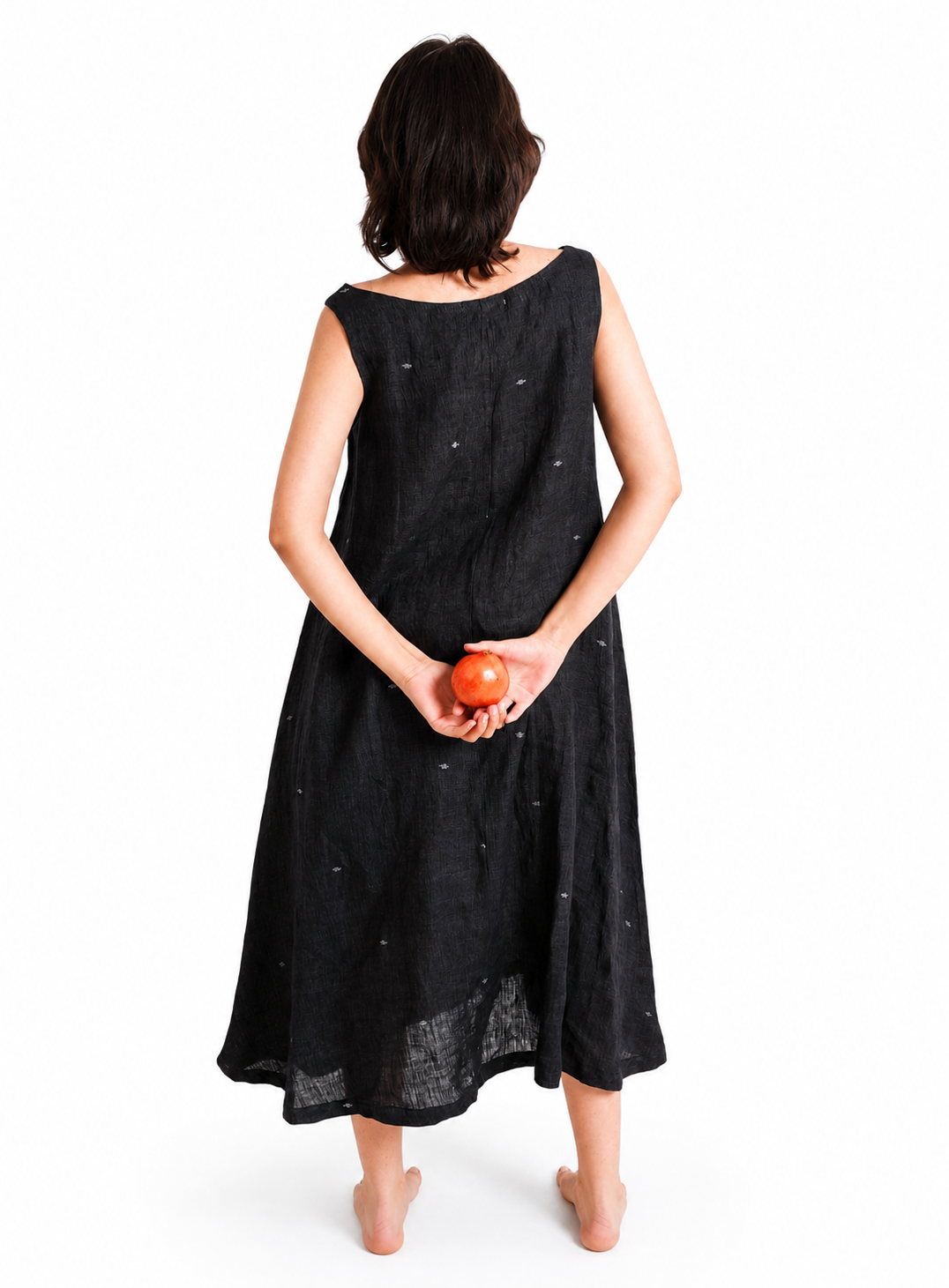 Artisav Chika Handwoven Linen Jamdani Long Dress for Women, Black Relaxed Fit Dress