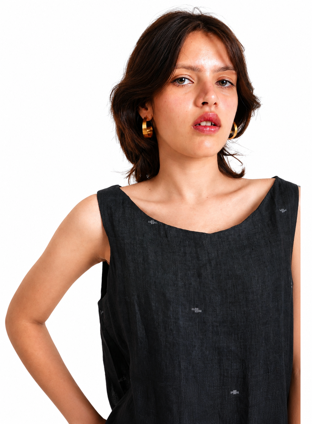Artisav Chika Handwoven Linen Jamdani Long Dress for Women, Black Relaxed Fit Dress