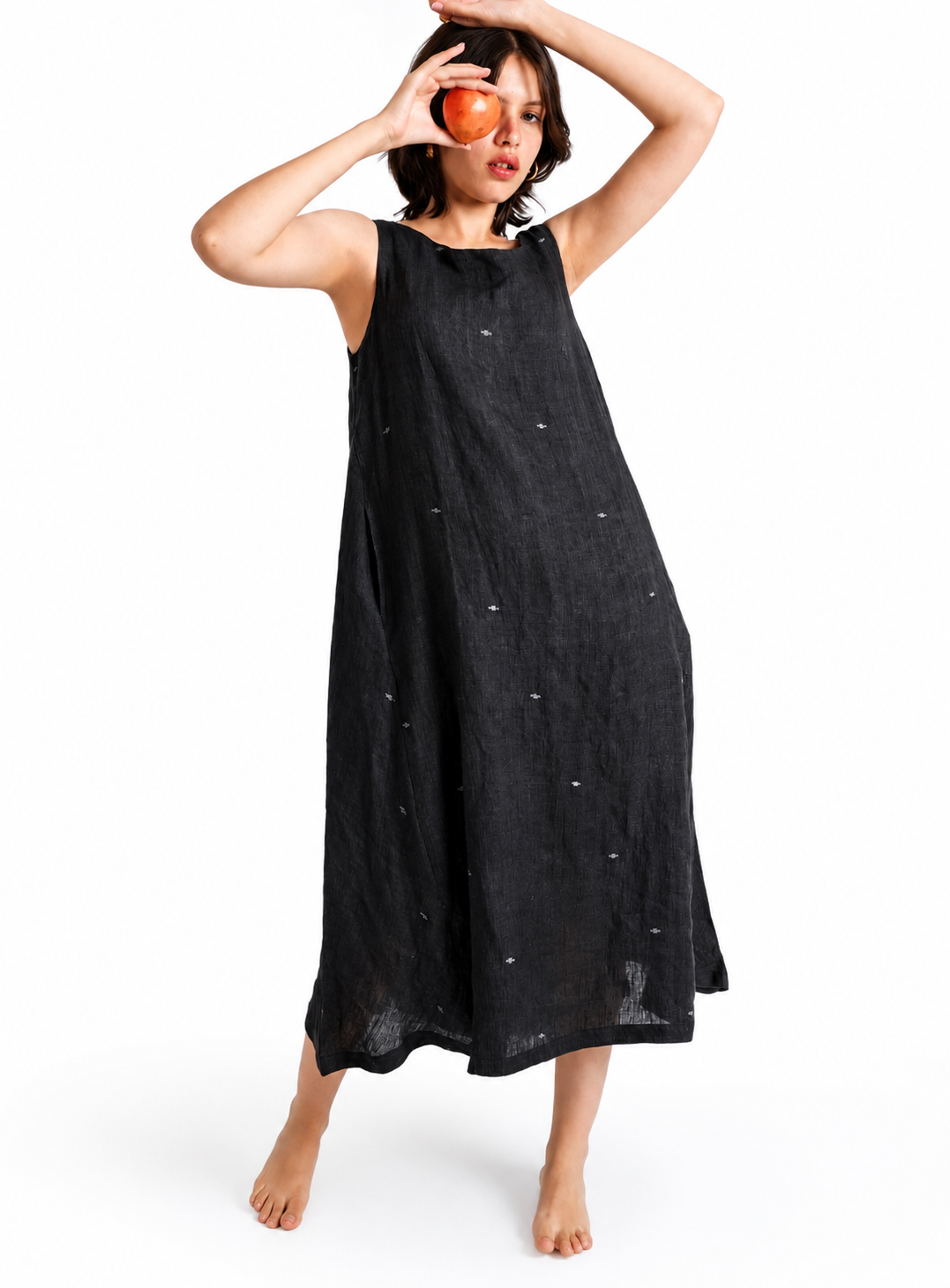 Artisav Chika Handwoven Linen Jamdani Long Dress for Women, Black Relaxed Fit Dress