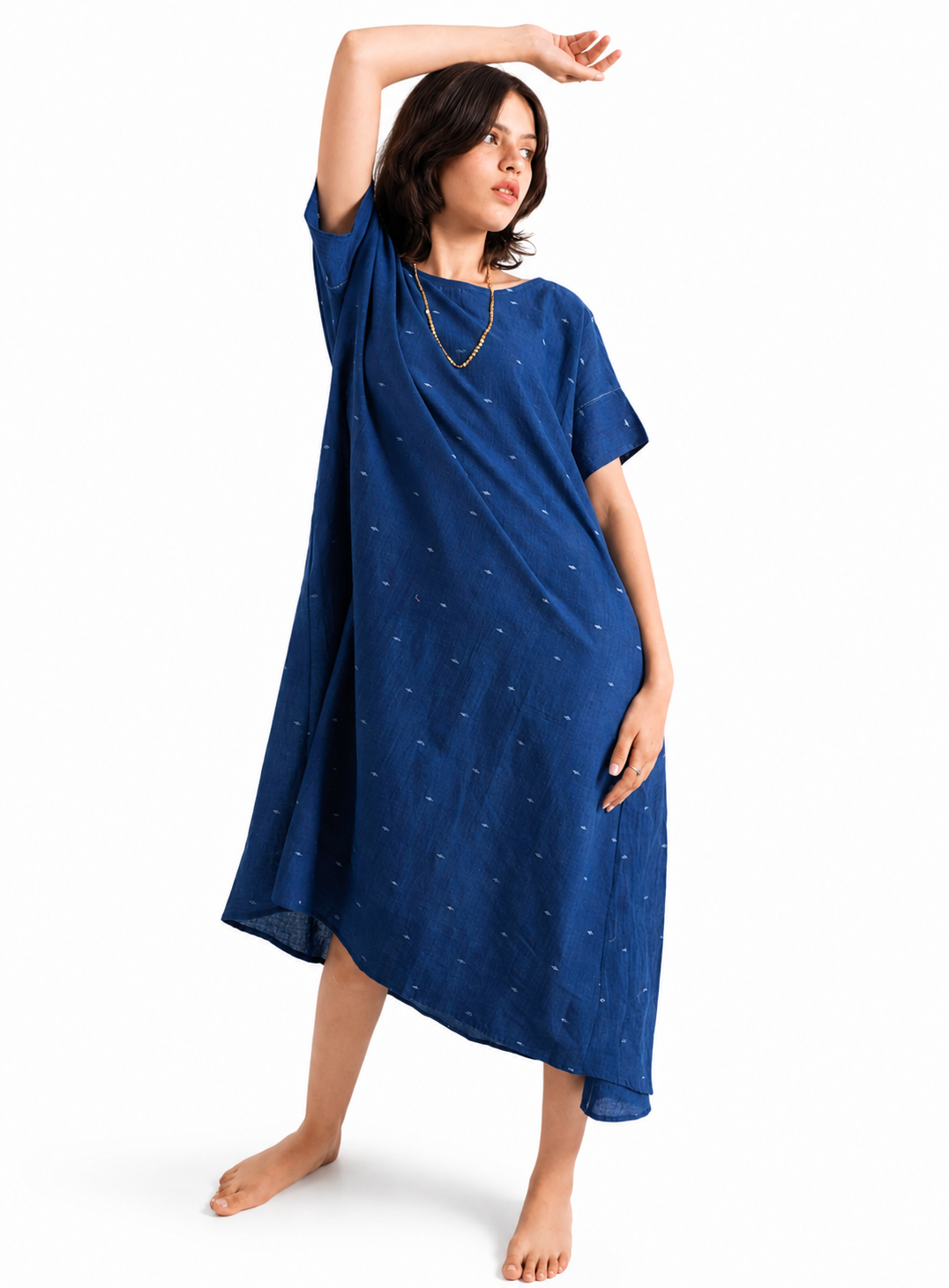 Artisav Arizona Handwoven Cotton Jamdani Midi Dress, Indigo Blue Kaftan Dress