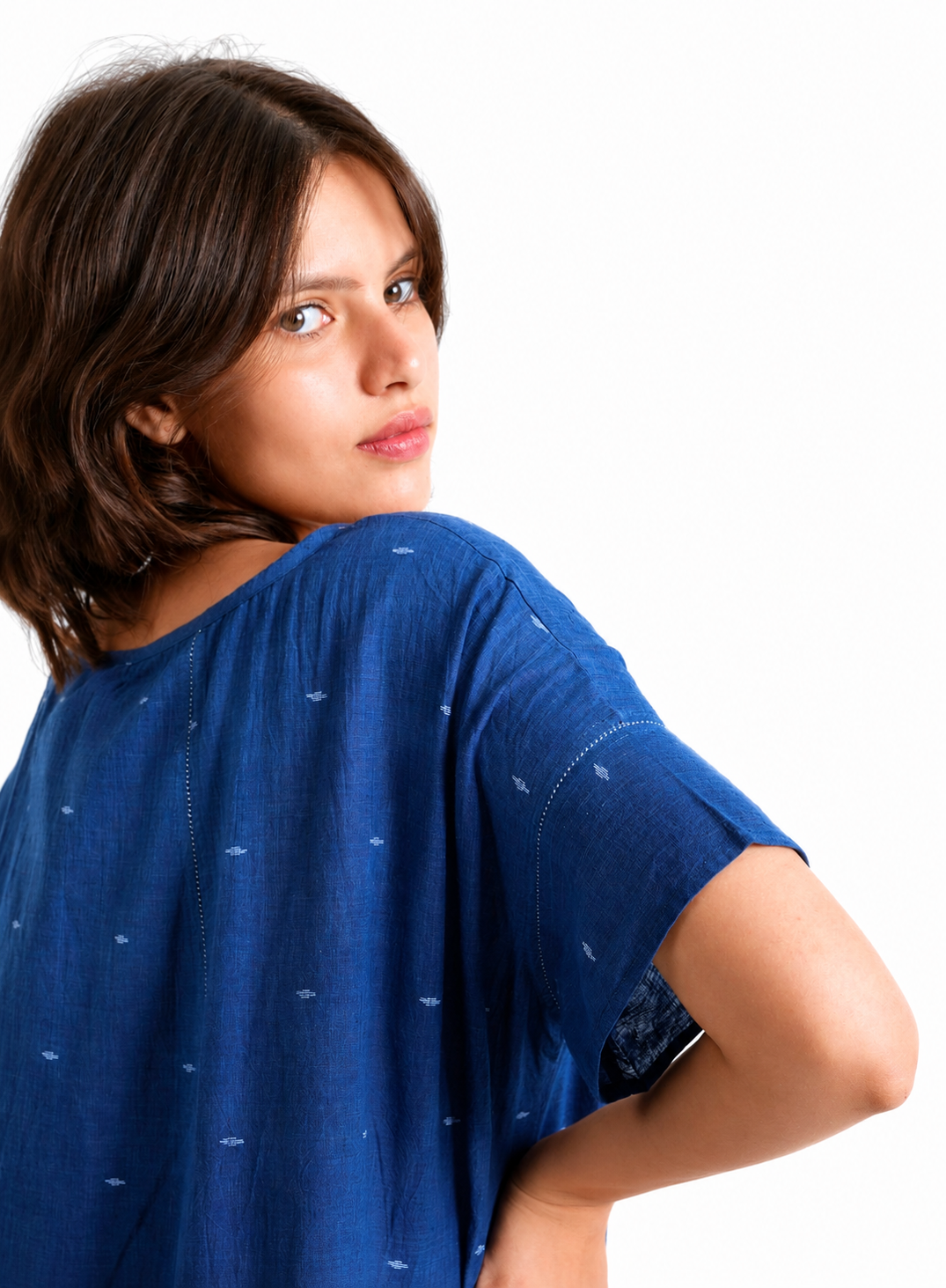 Artisav Arizona Handwoven Cotton Jamdani Midi Dress, Indigo Blue Kaftan Dress