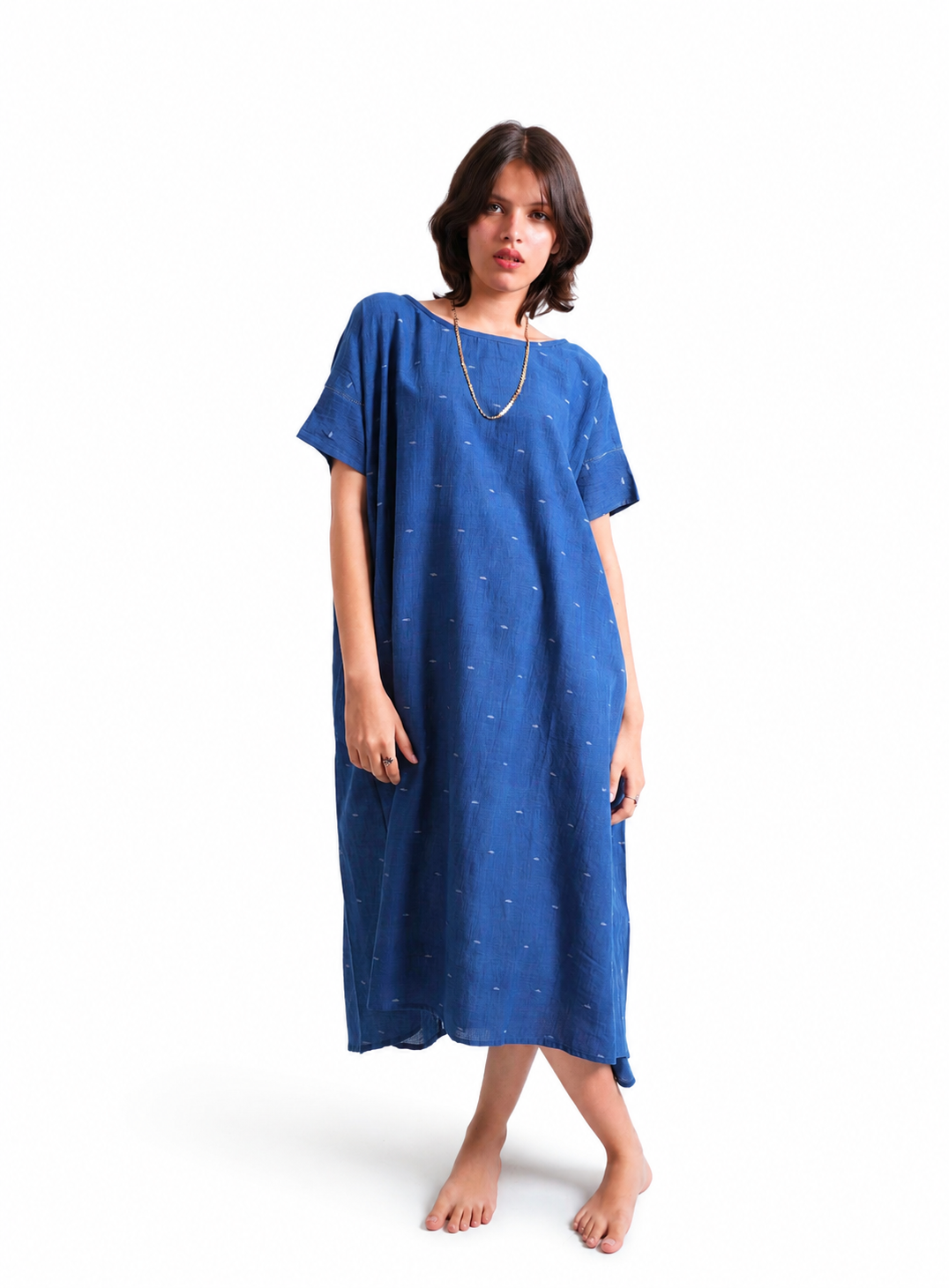 Artisav Arizona Handwoven Cotton Jamdani Midi Dress, Indigo Blue Kaftan Dress