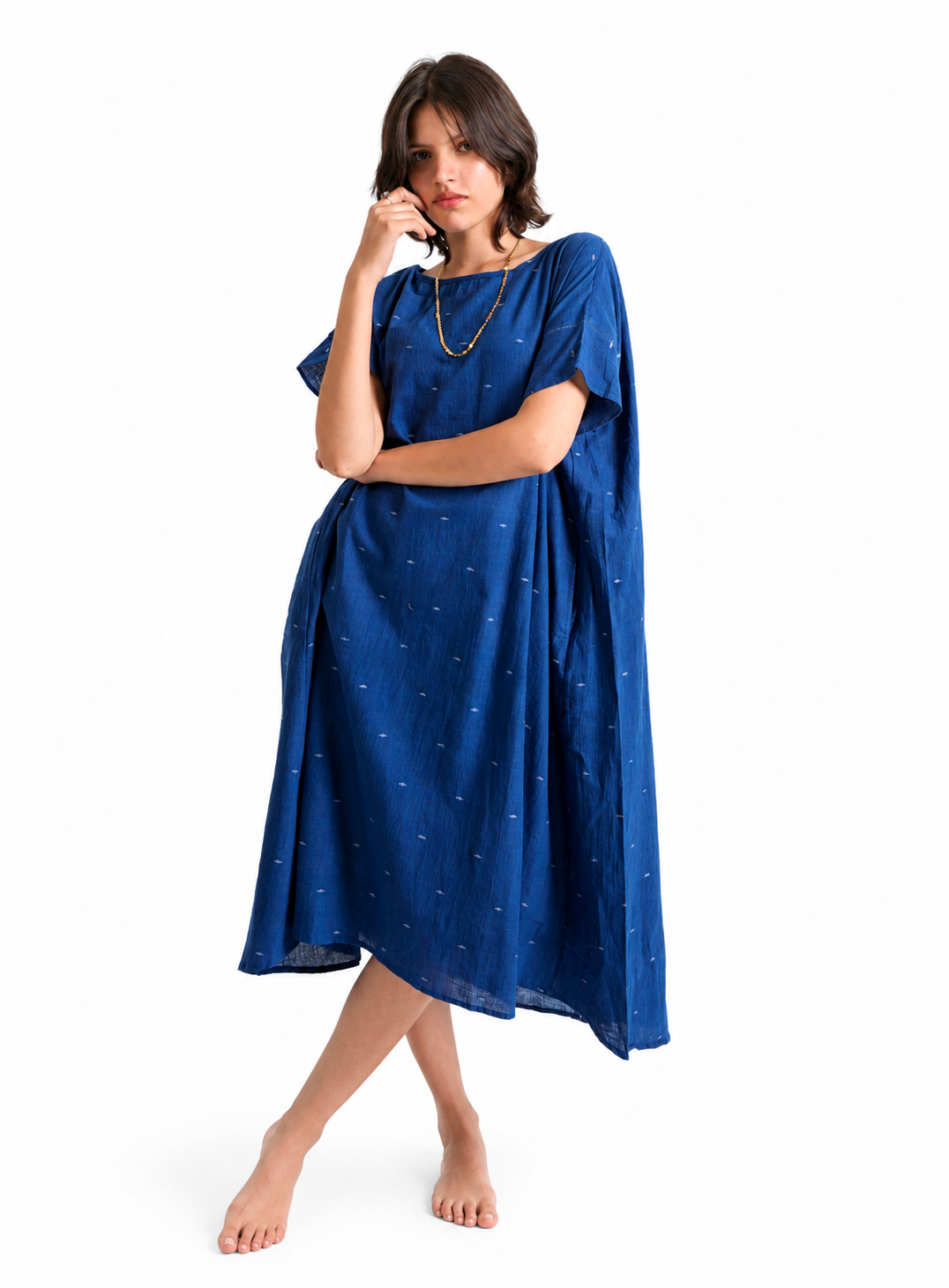 Artisav Arizona Handwoven Cotton Jamdani Midi Dress, Indigo Blue Kaftan Dress