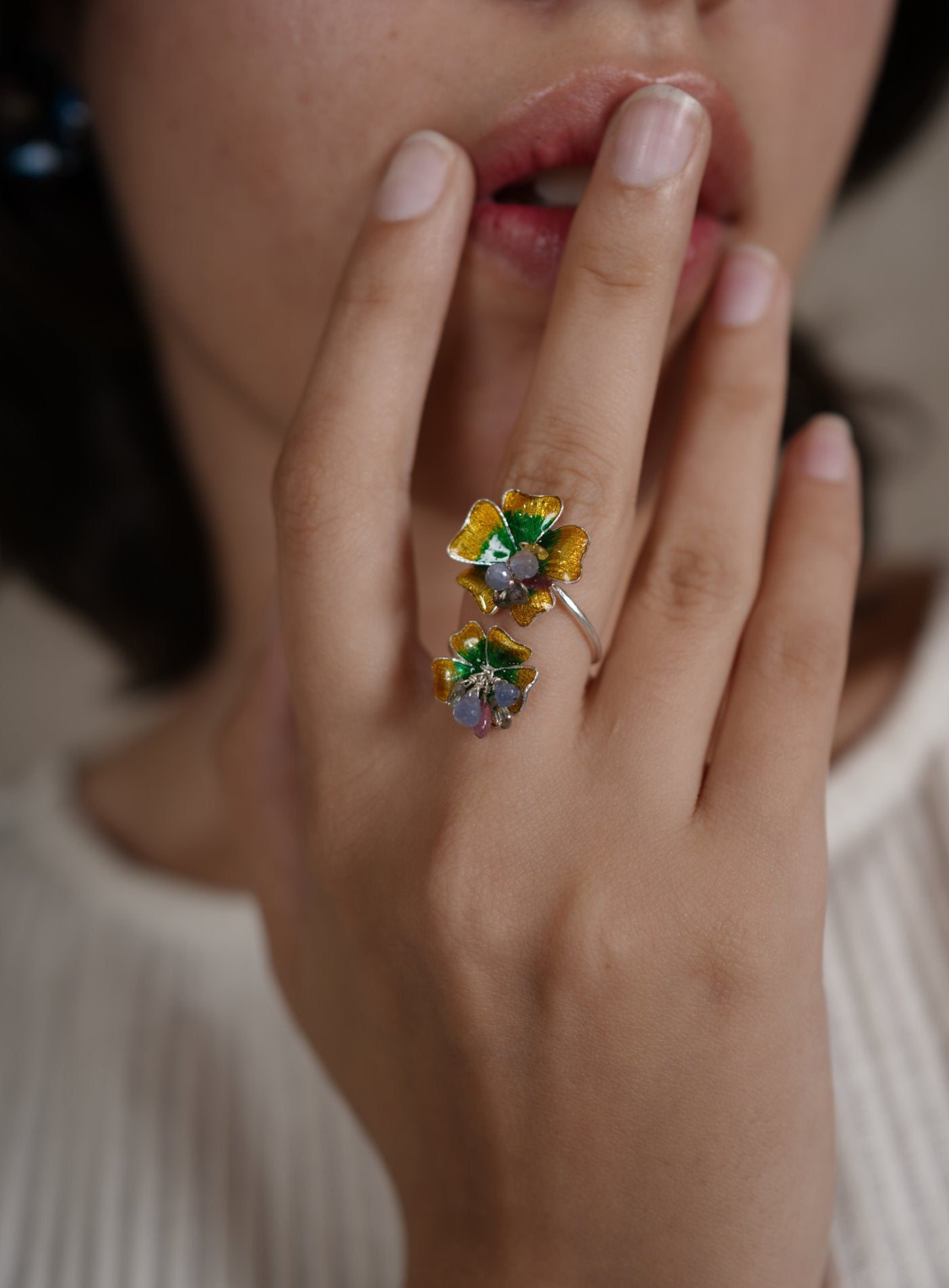 Artisav Handmade Silver Flower Ring with Multi Stone Detailing, Adjustable Floral Ring