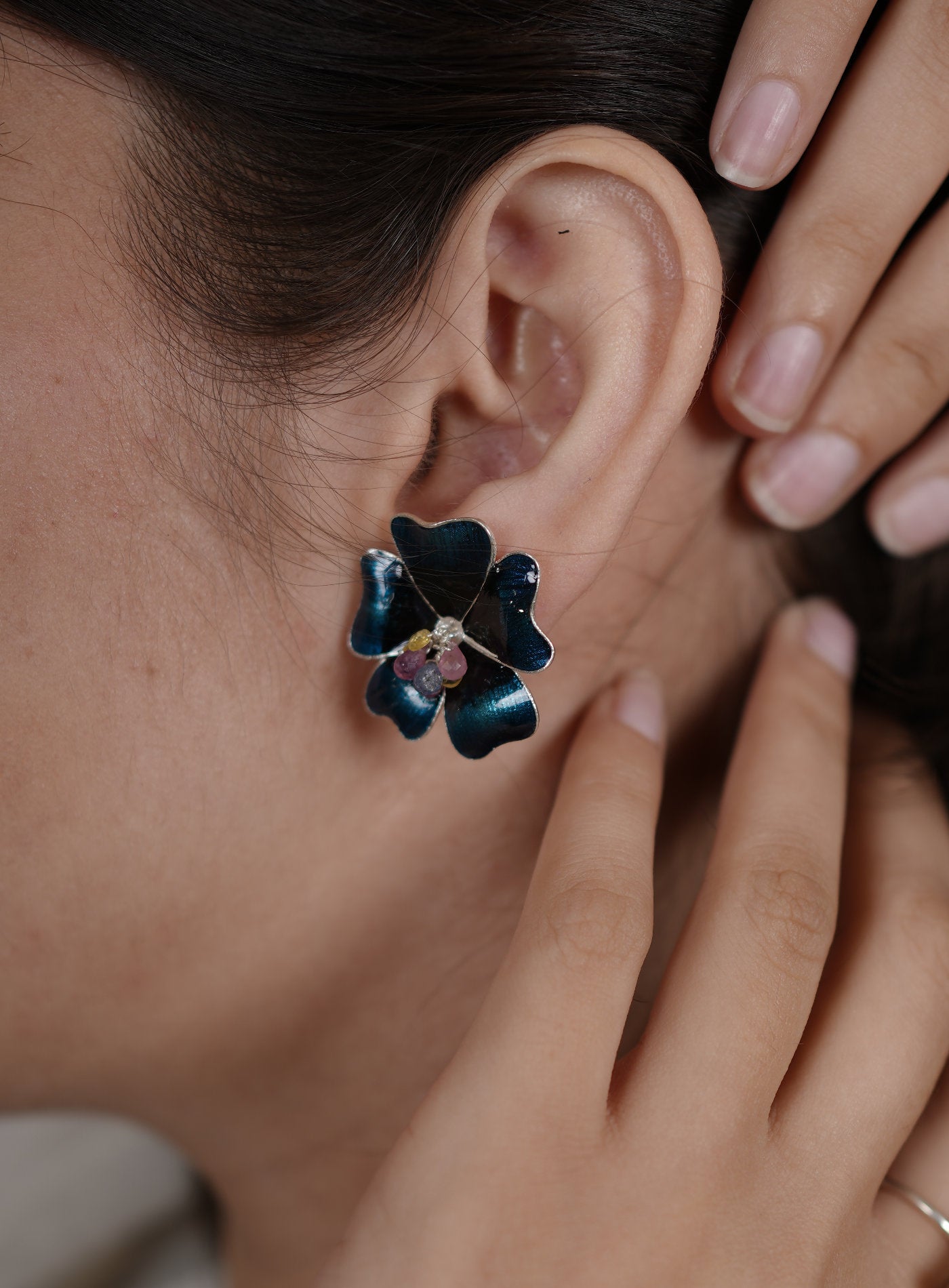 Artisav Handmade Silver Flower Stud Earrings with Multi Stone Detailing for Women
