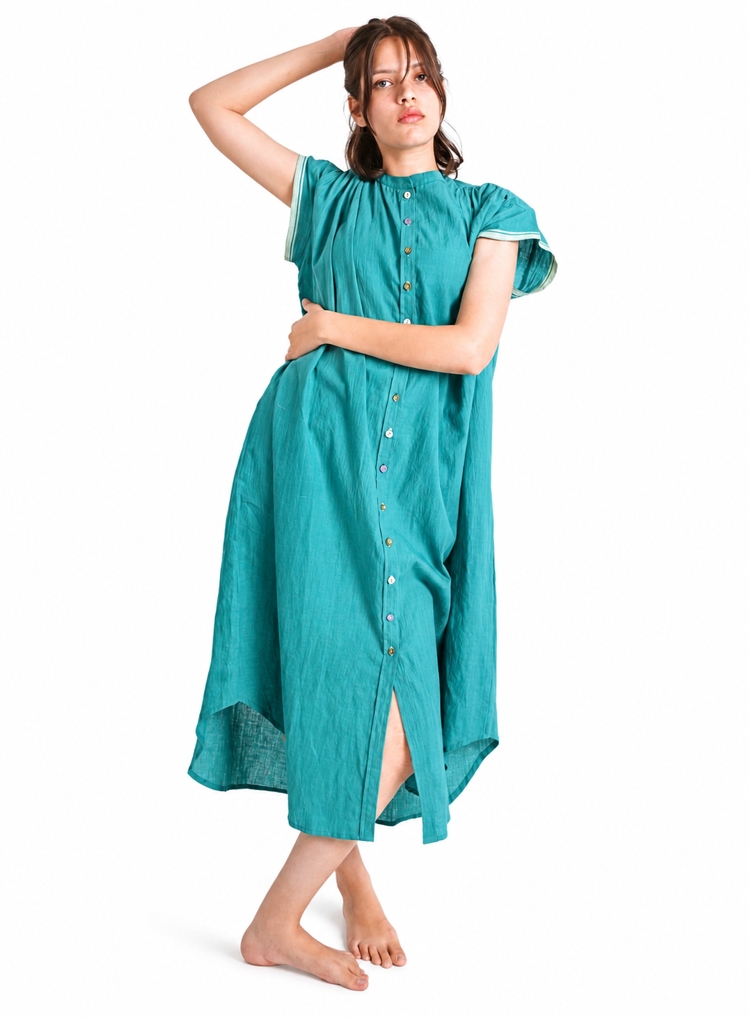 Artisav Mathilde Handwoven Cotton Midi Dress for Women, Handmade Button Detail Dress