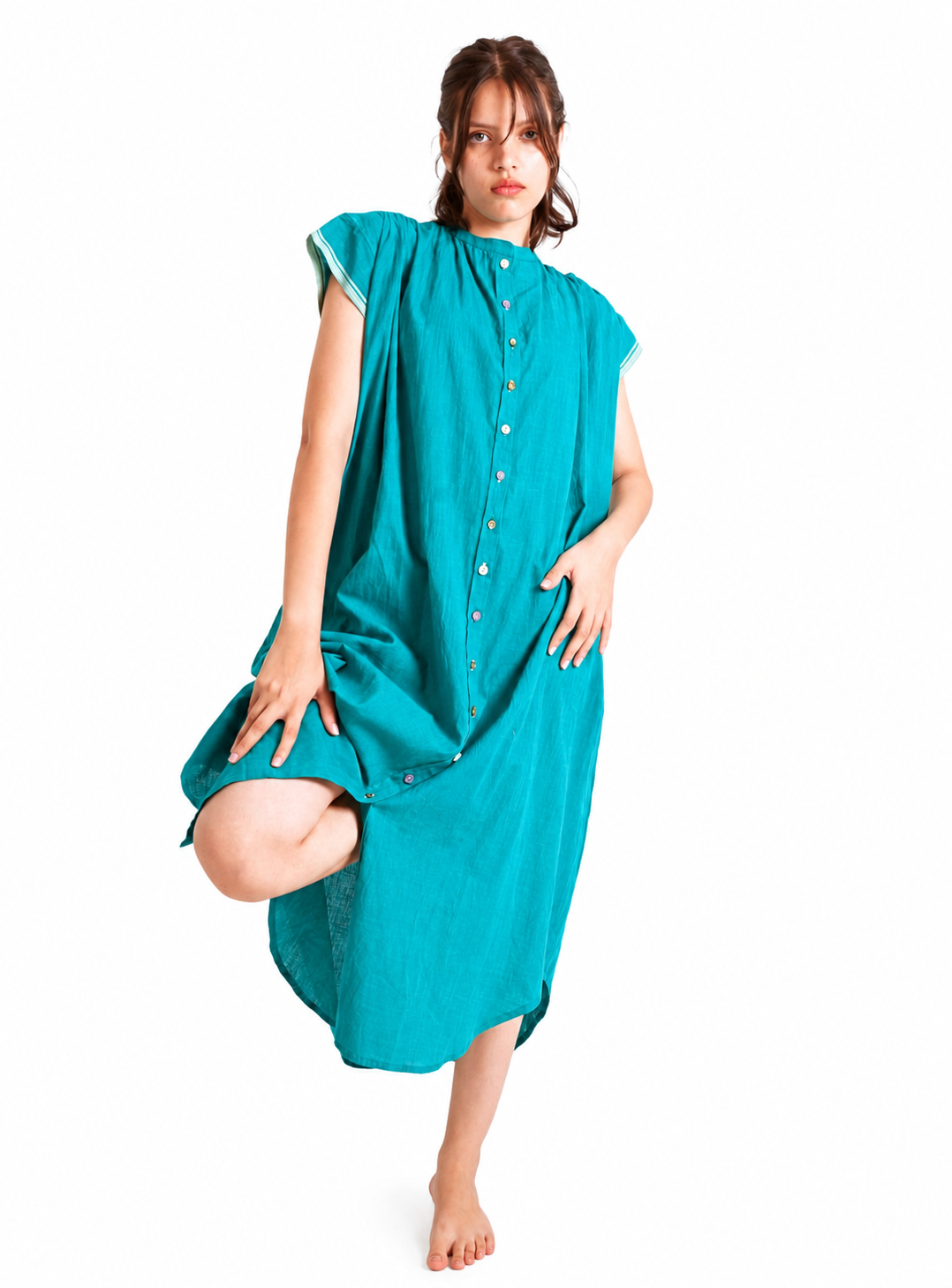 Artisav Mathilde Handwoven Cotton Midi Dress for Women, Handmade Button Detail Dress