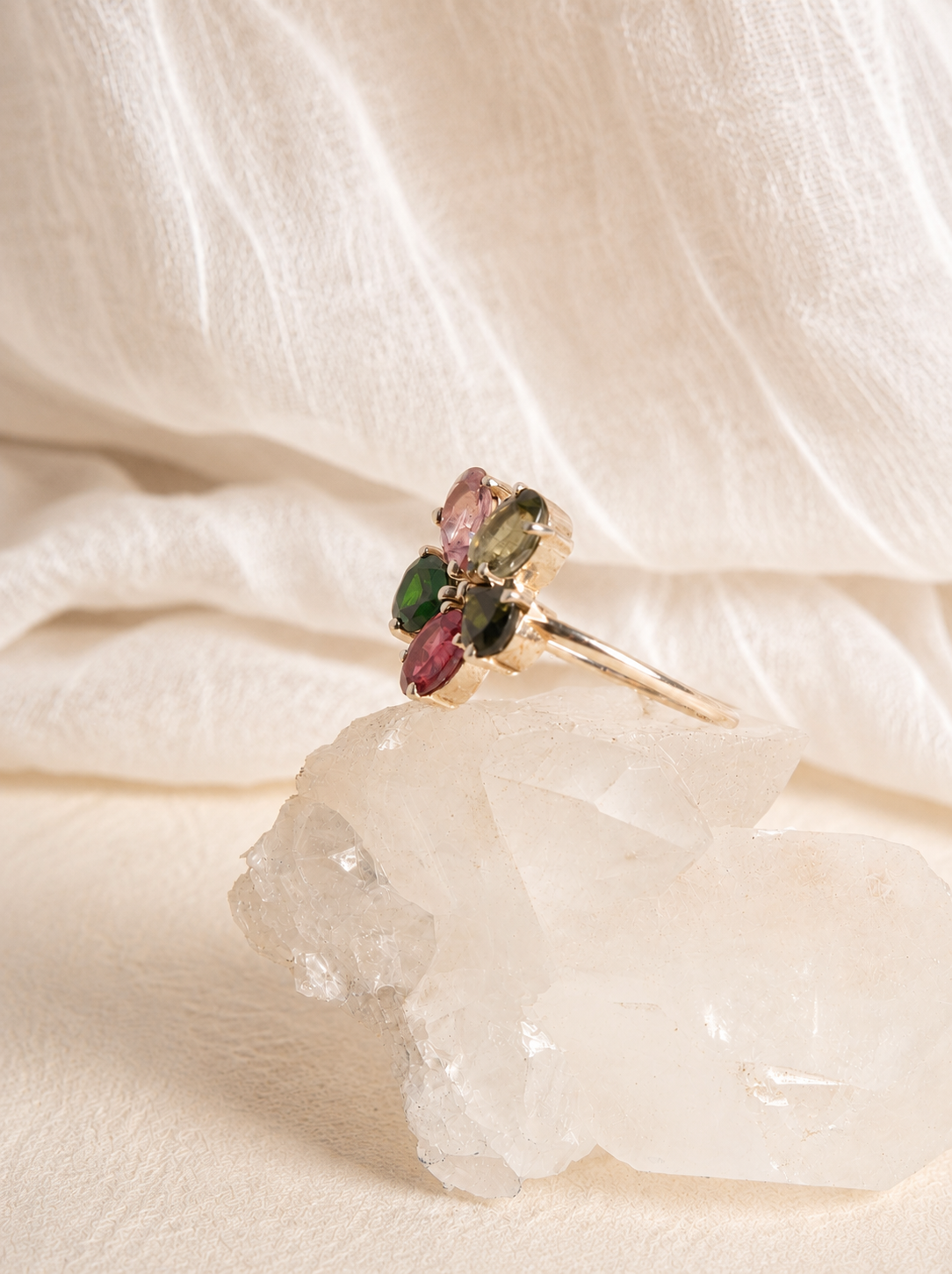 Silver 925 GP Multi Color Tourmaline Floral Ring