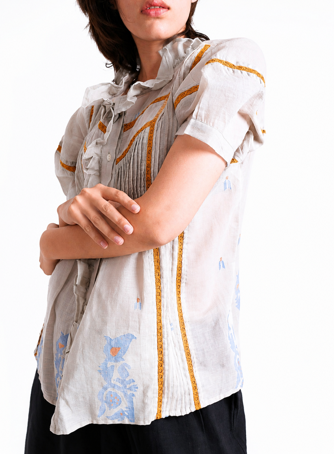 Artisav Kate Handwoven Jamdani Cotton Blouse for Women, Pintuck Ruffle Top