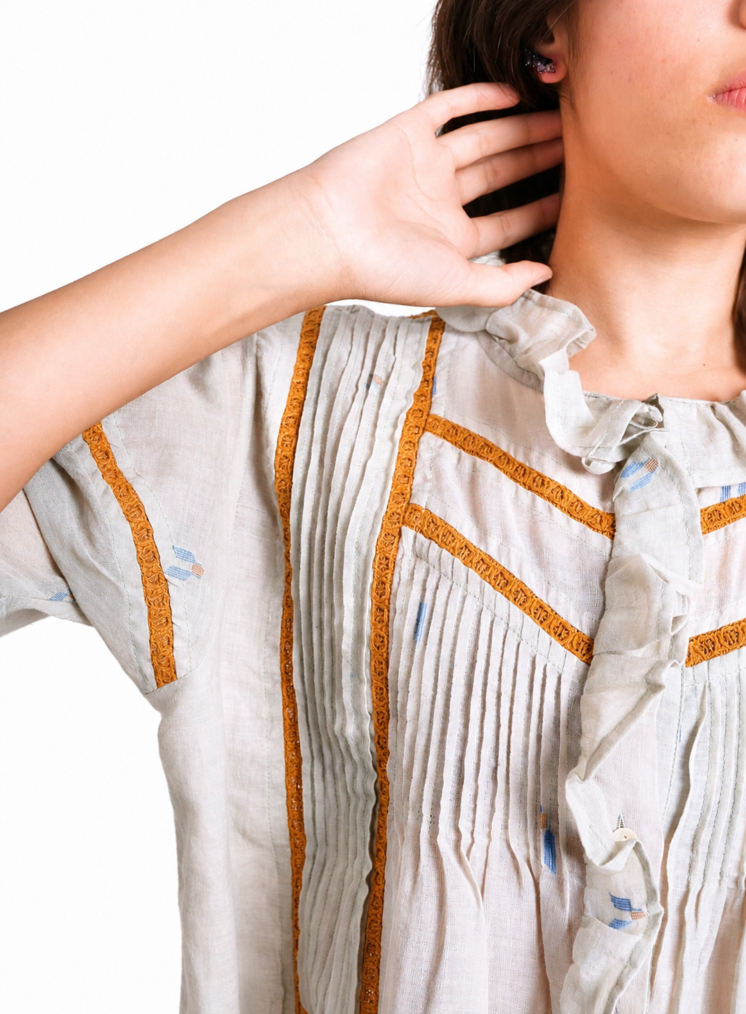 Artisav Kate Handwoven Jamdani Cotton Blouse for Women, Pintuck Ruffle Top