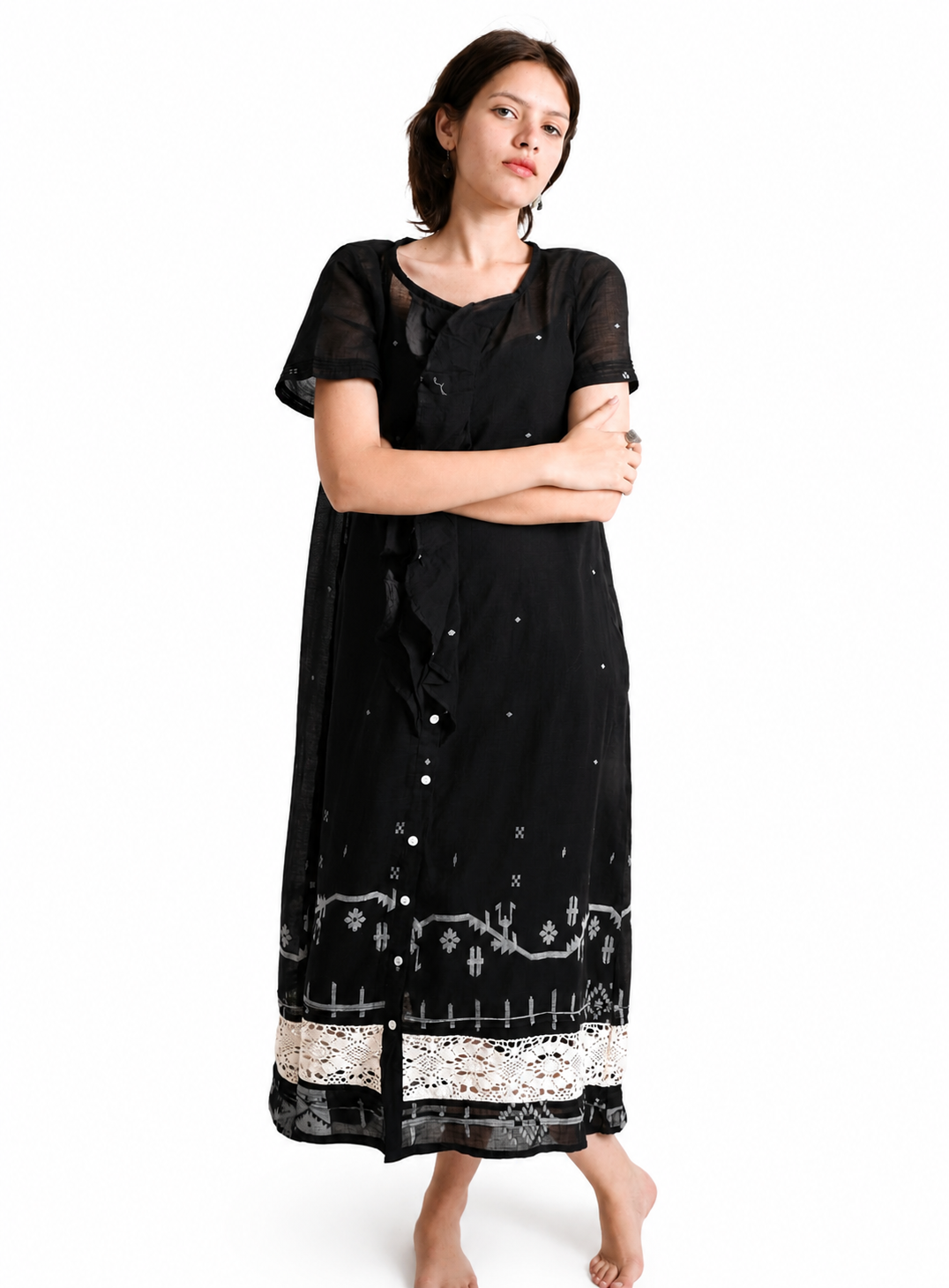 Artisav Misa Handwoven Jamdani Cotton Dress for Women Black Artisan Midi Dress