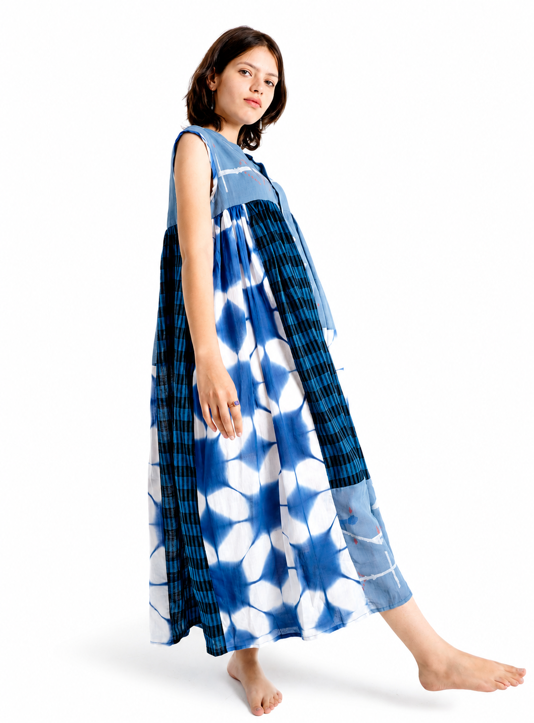 Artisav handwoven cotton indigo patchwork maxi dress with Shibori print and check panel detailing