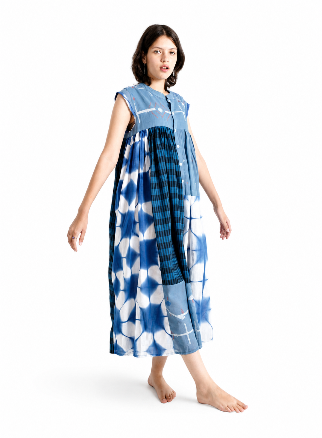 Artisav handwoven cotton indigo patchwork maxi dress with Shibori print and check panel detailing