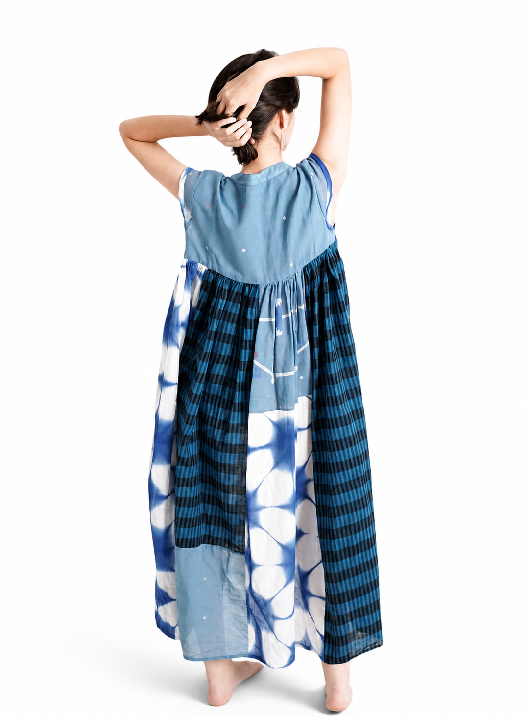 Artisav handwoven cotton indigo patchwork maxi dress with Shibori print and check panel detailing
