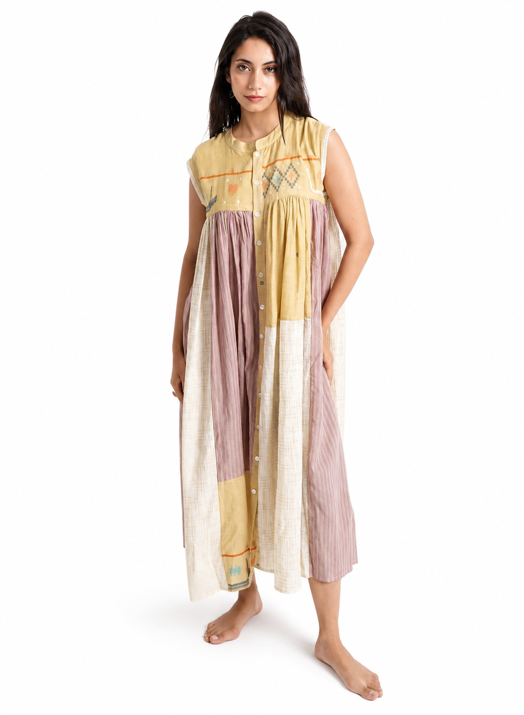 Artisav handwoven cotton patchwork maxi dress with striped panels and artisan woven motifs