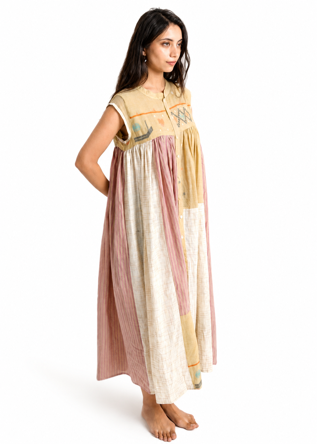 Artisav handwoven cotton patchwork maxi dress with striped panels and artisan woven motifs