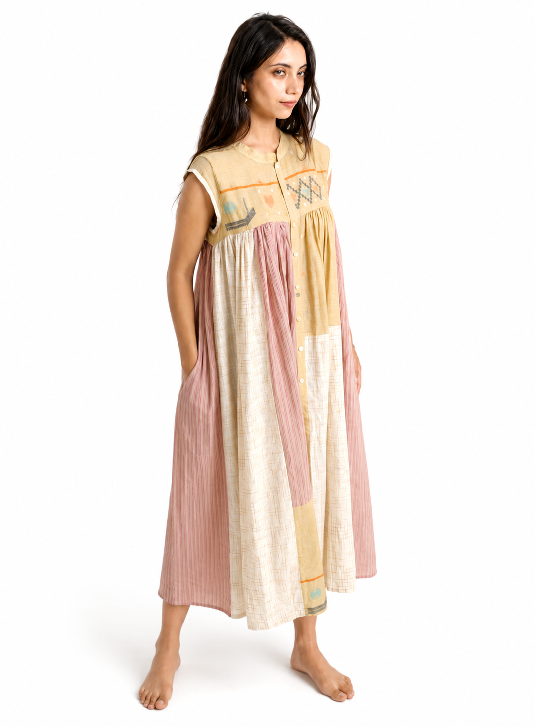 Artisav handwoven cotton patchwork maxi dress with striped panels and artisan woven motifs