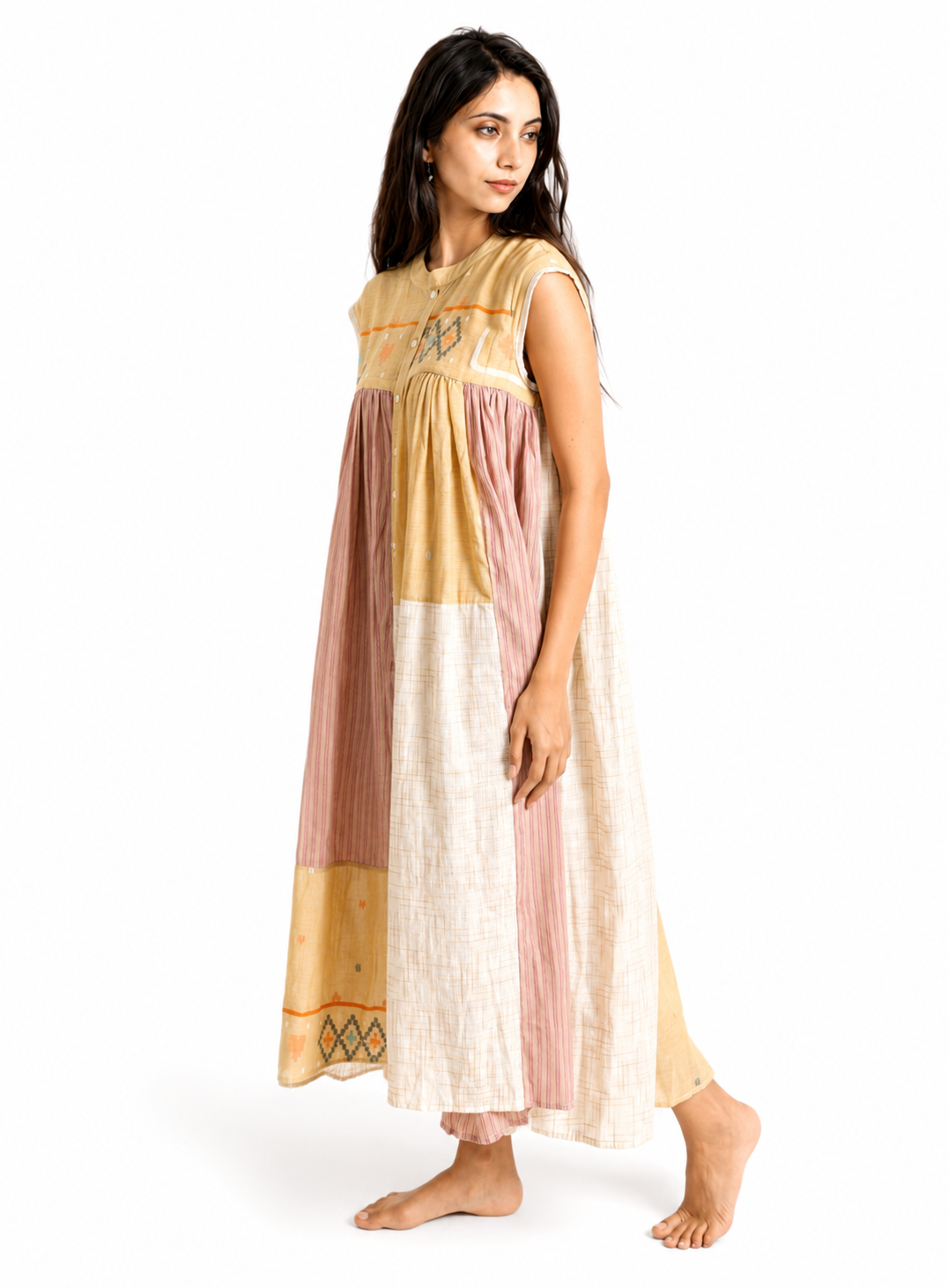 Artisav handwoven cotton patchwork maxi dress with striped panels and artisan woven motifs