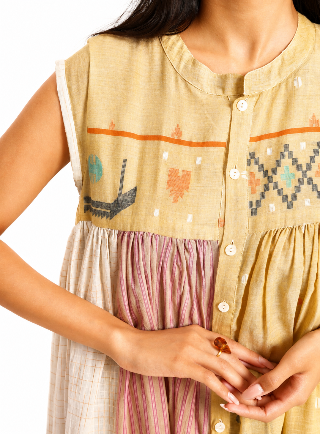 Artisav handwoven cotton patchwork maxi dress with striped panels and artisan woven motifs