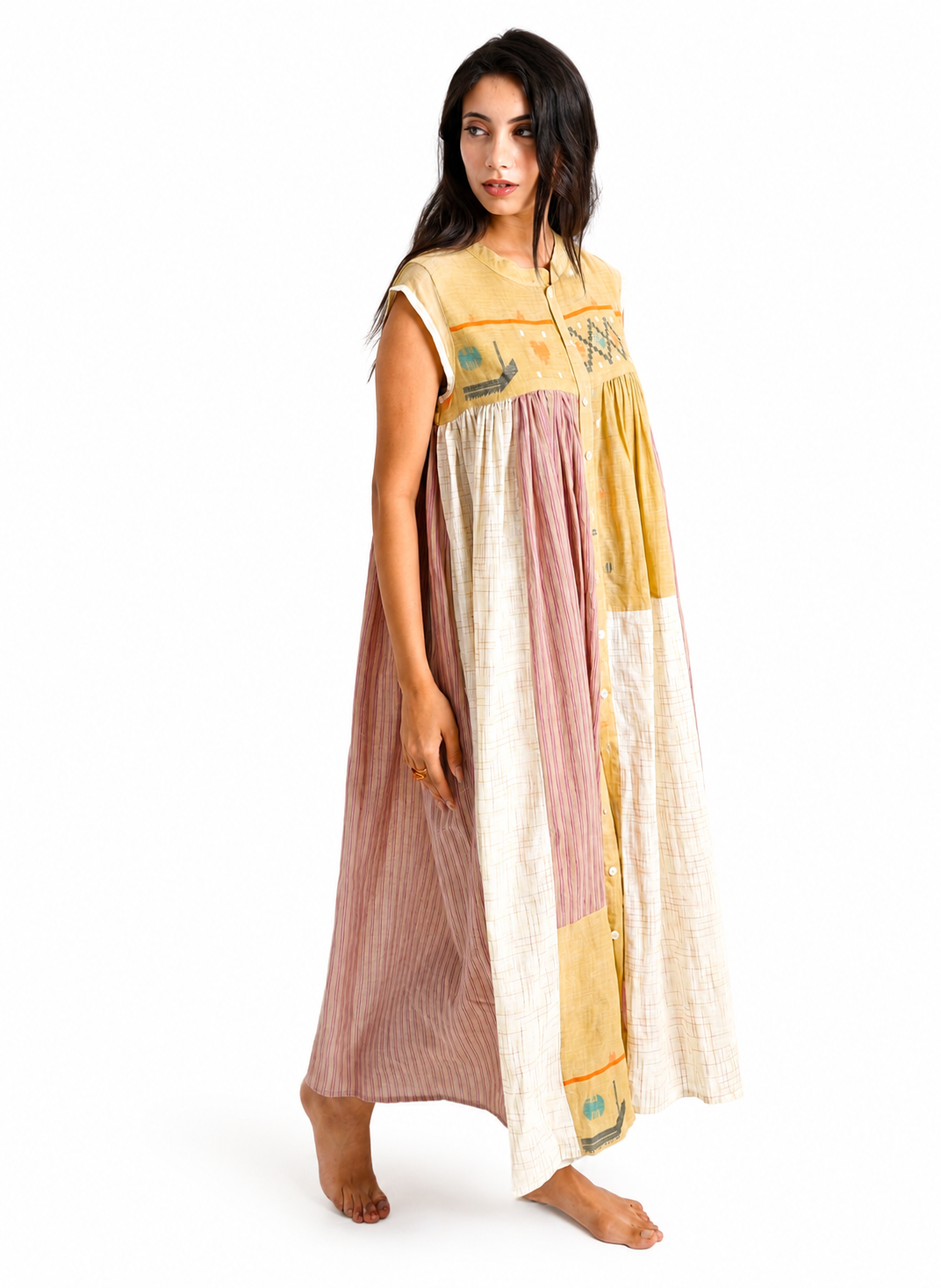 Artisav handwoven cotton patchwork maxi dress with striped panels and artisan woven motifs