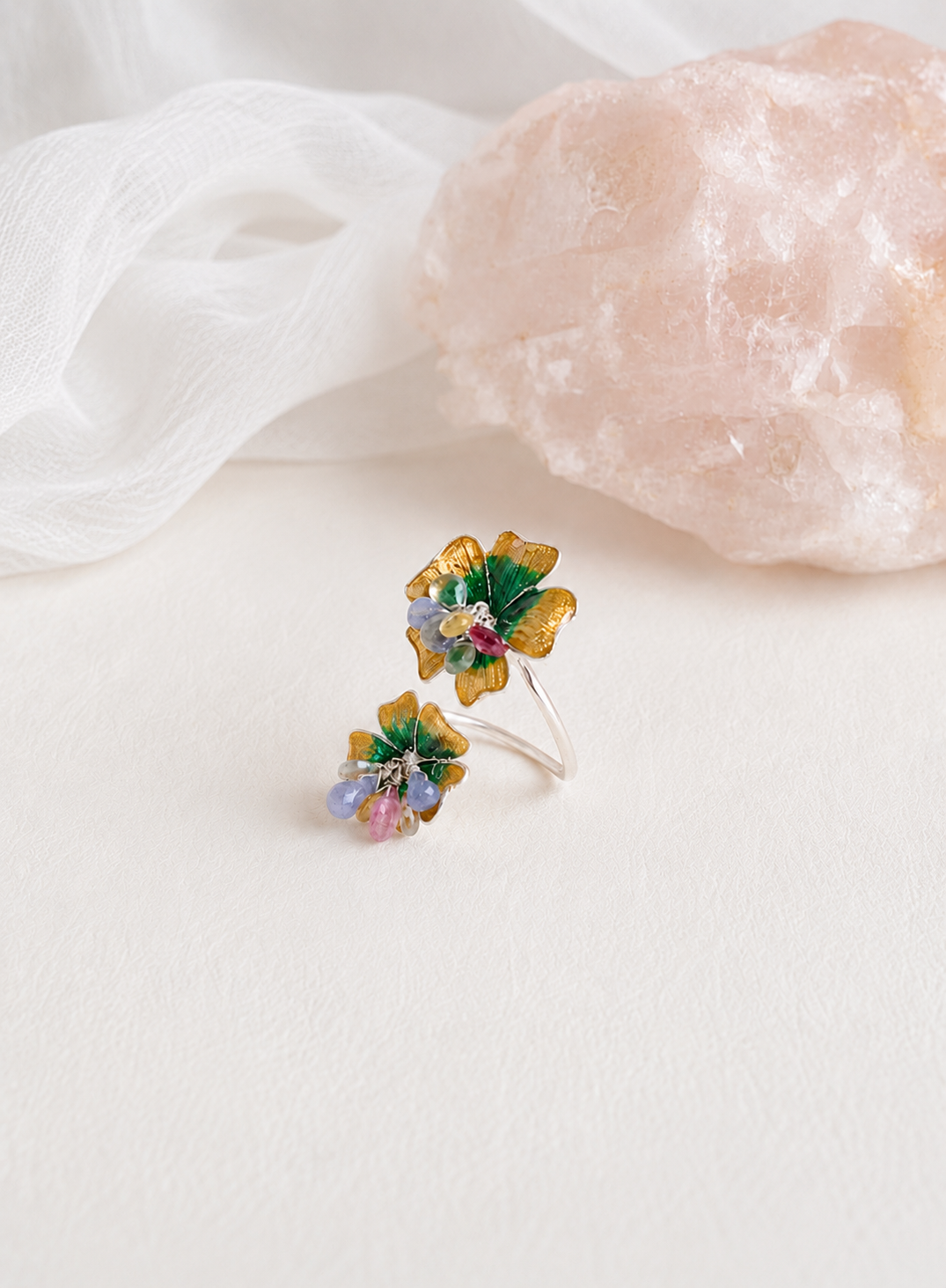 Artisav Handmade Silver Flower Ring with Multi Stone Detailing, Adjustable Floral Ring